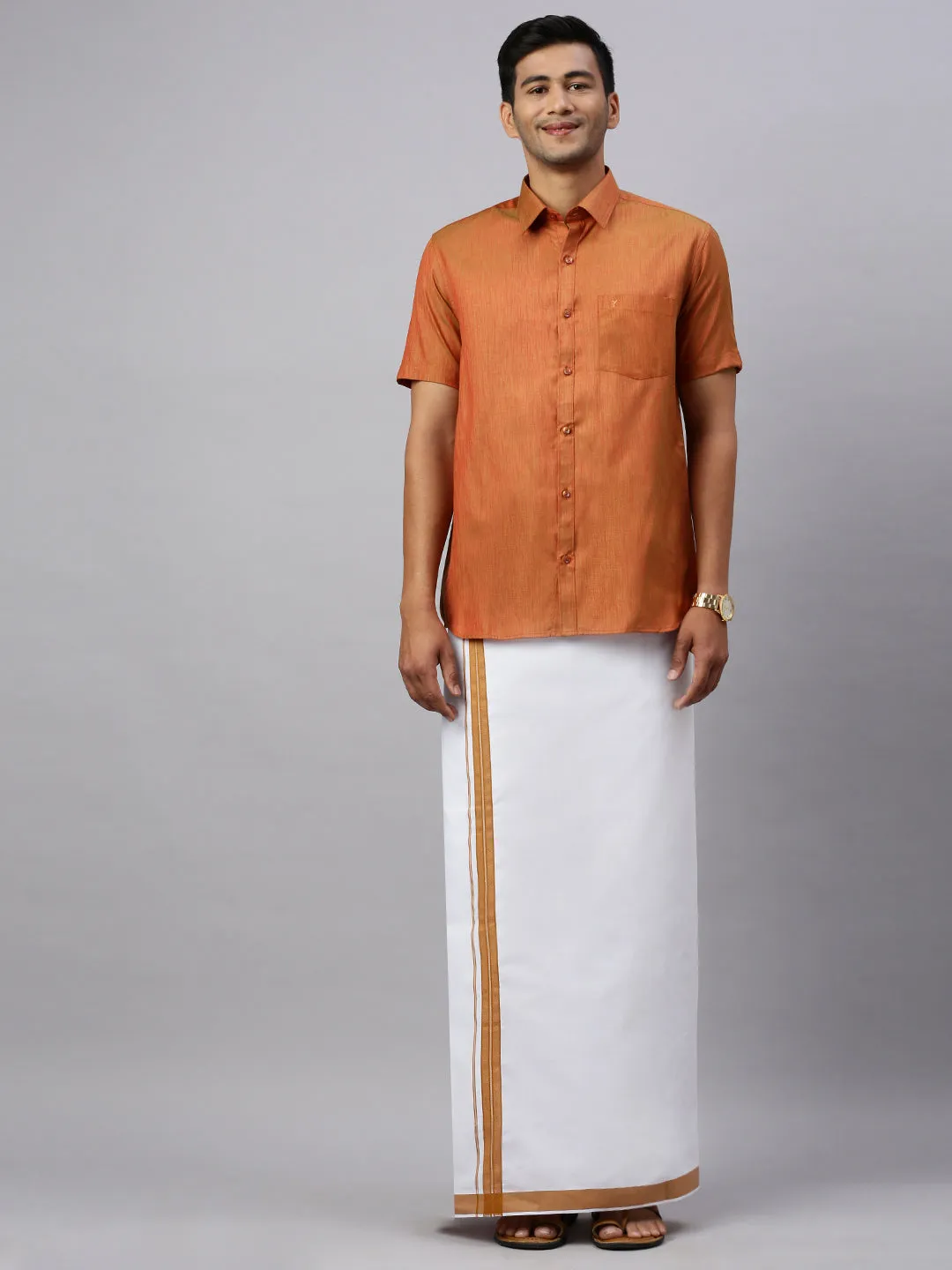 Couple Combo Half Sleeves Shirt Dhoti CV3 & Saree Set Orange SS198