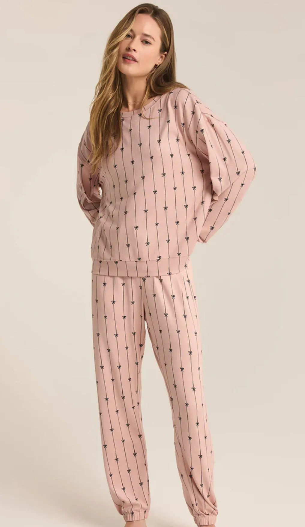 Cozy Pinbow Set,  long sleeve crew neck top and mid-rise ankle-length pant