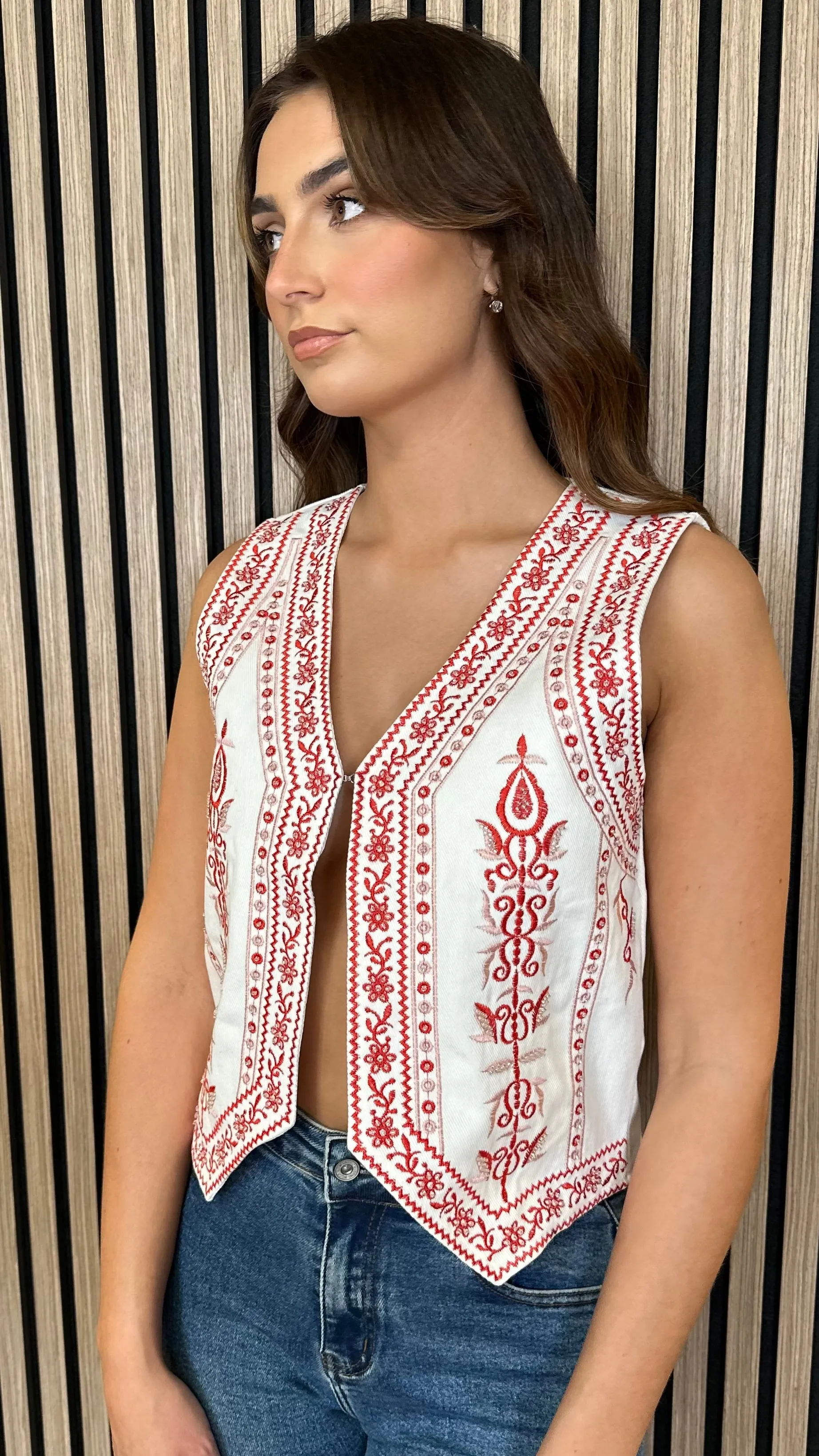 Danielle Cream & Red Printed Waistcoat