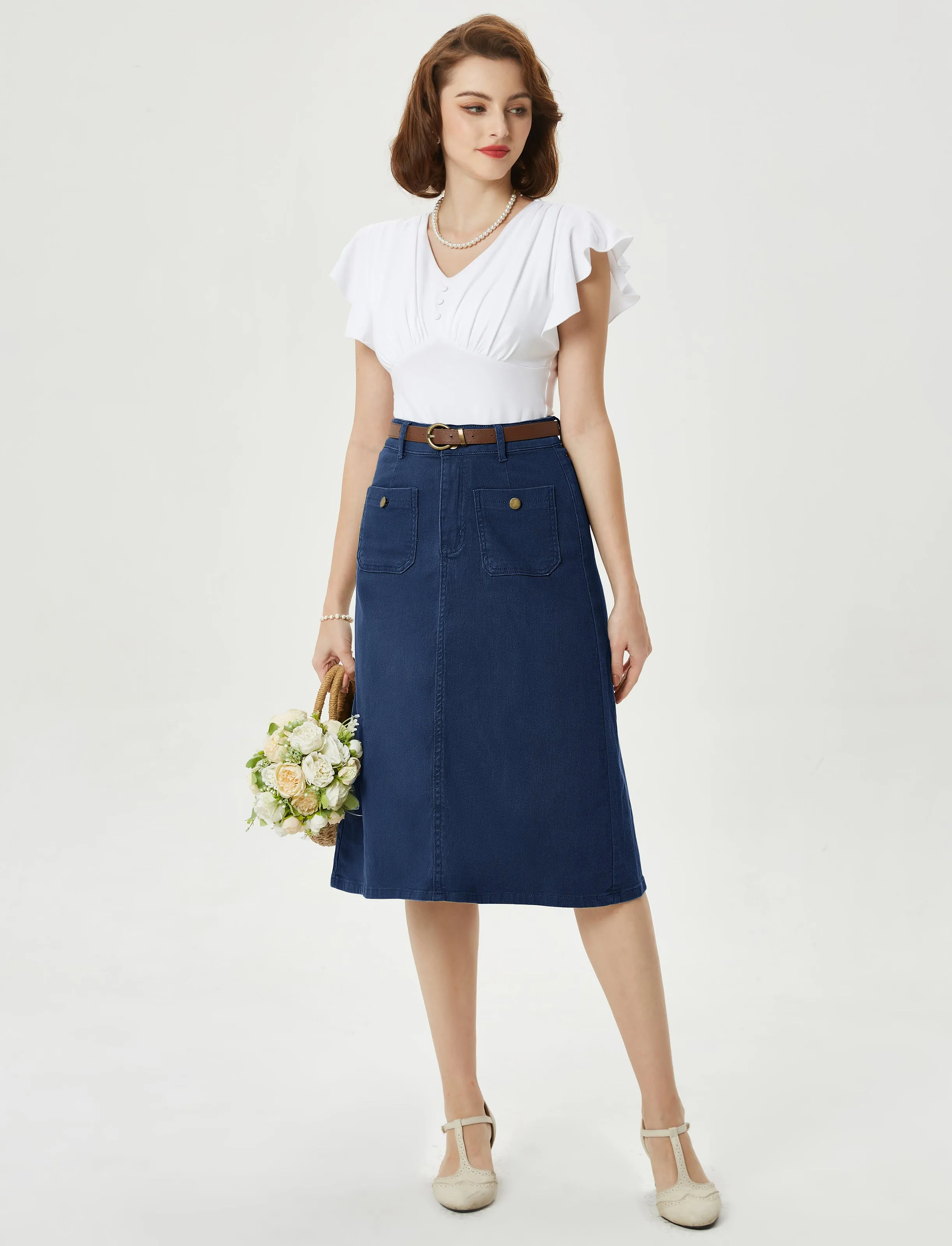 Denim Skirt with Belt Knee Length High Waisted Jean Skirts for Women