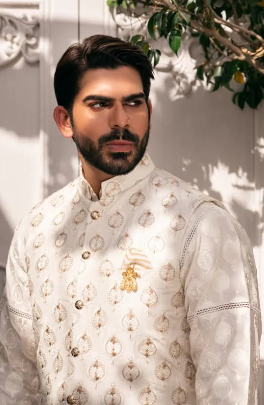 Dove White - Embroidered Waist Coat Paired with Kurta and Shalwar