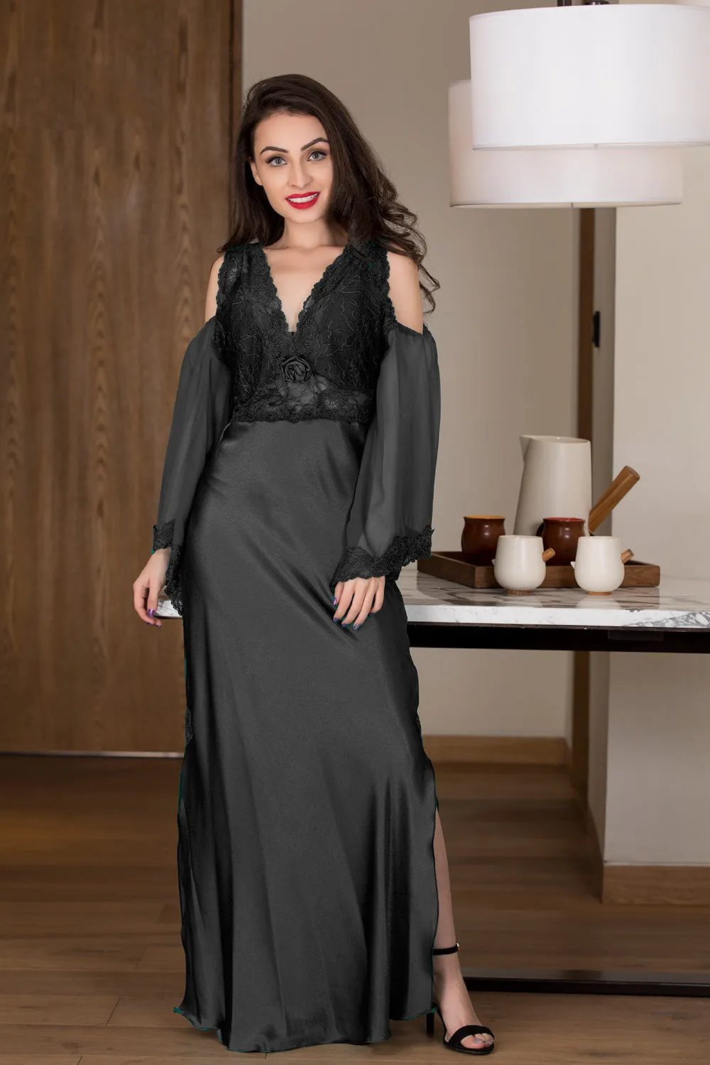 Dressed-to-impress designer black long nighty