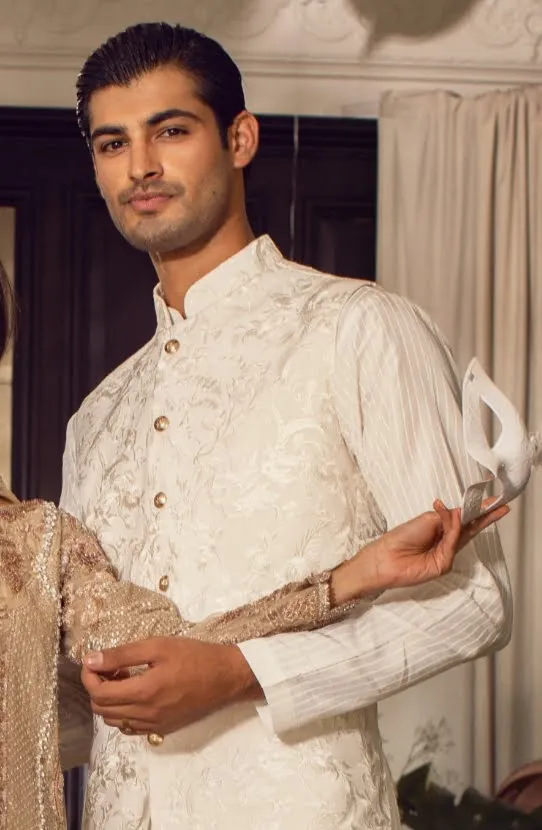 Embroidered Waistcoat in White Paired with a Kurta and Pajama