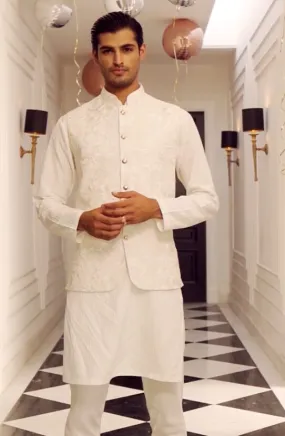 Embroidered Waistcoat in White Paired with a Kurta and Pajama