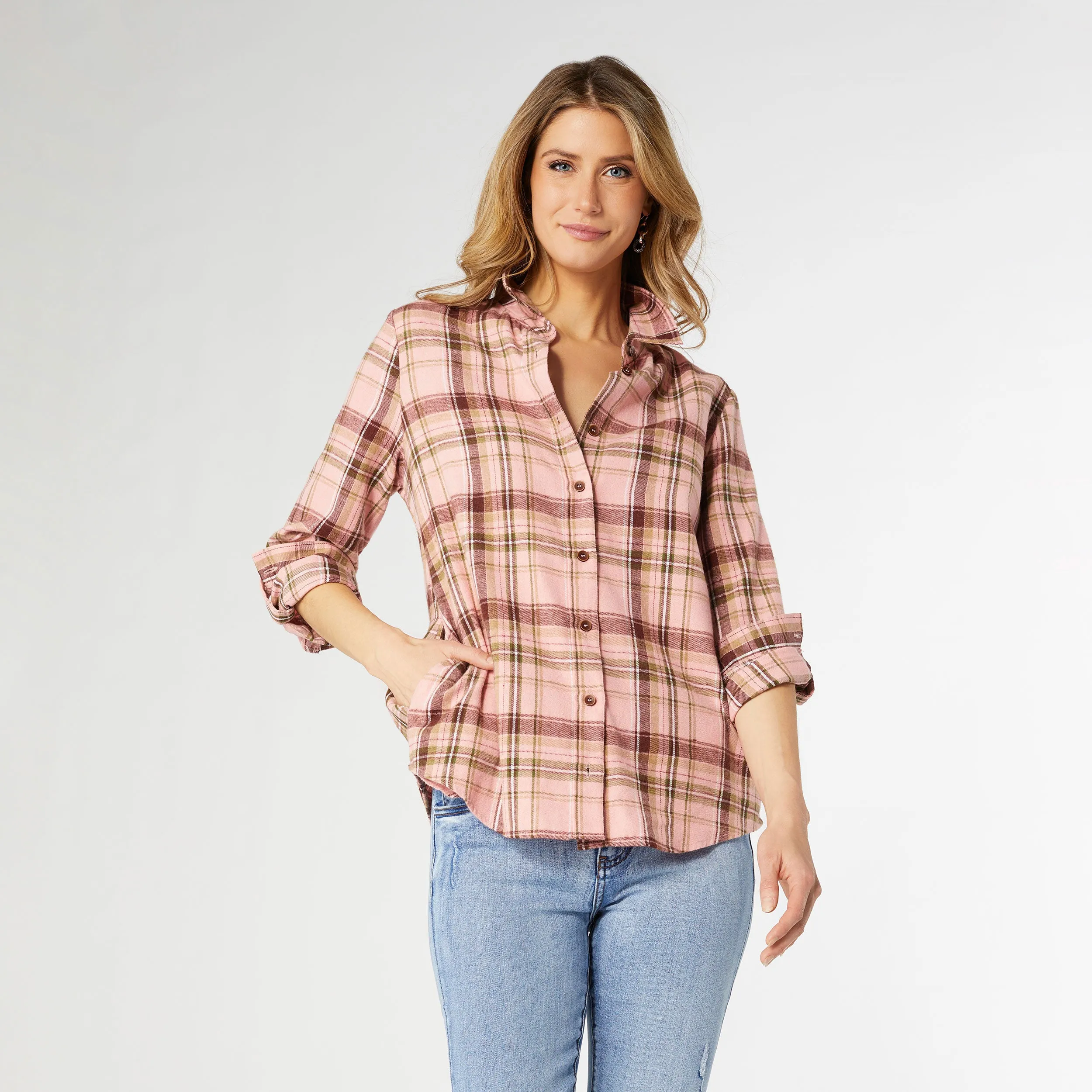 Gracelyn Flannel Top with Side Pockets - Dusty Rose Plaid