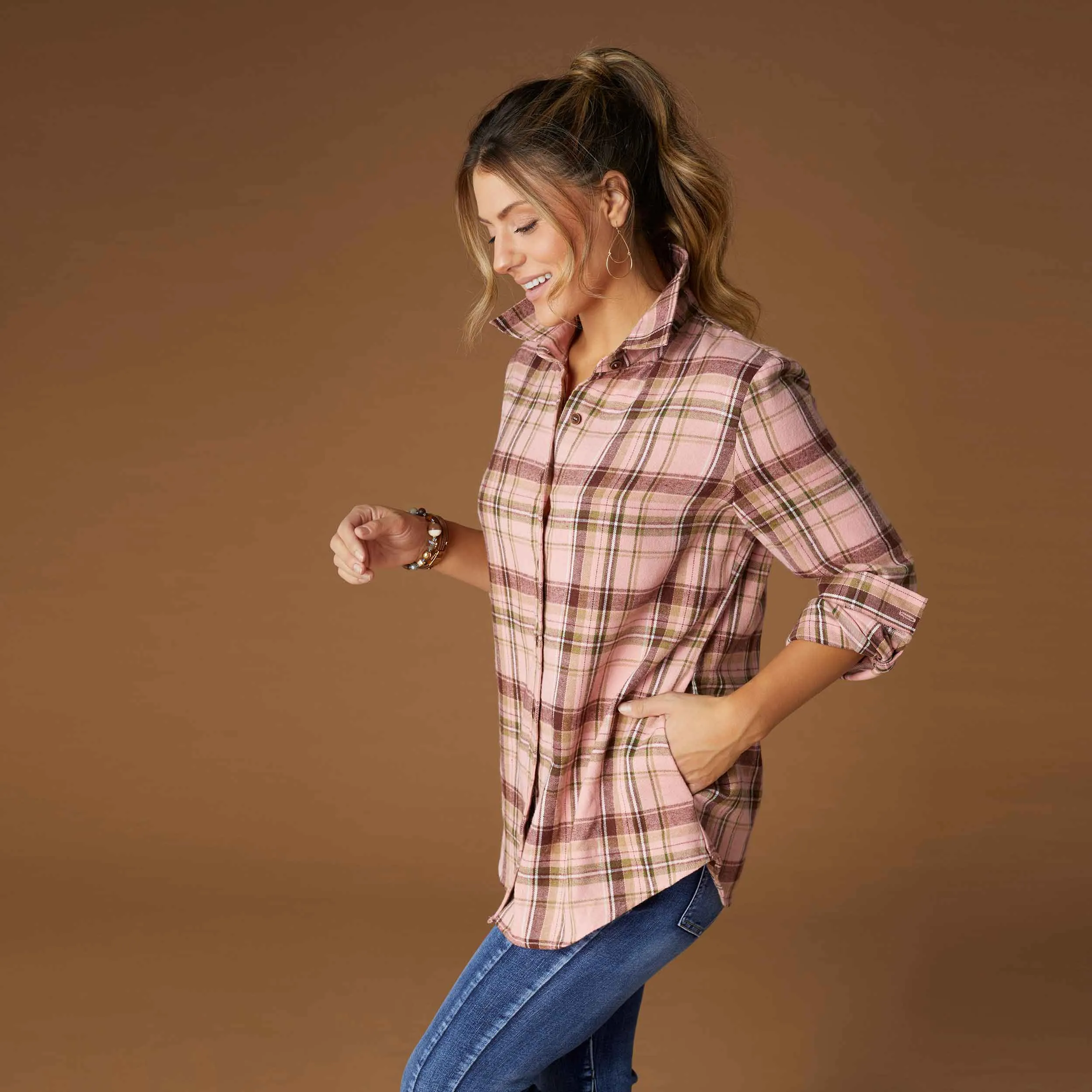 Gracelyn Flannel Top with Side Pockets - Dusty Rose Plaid