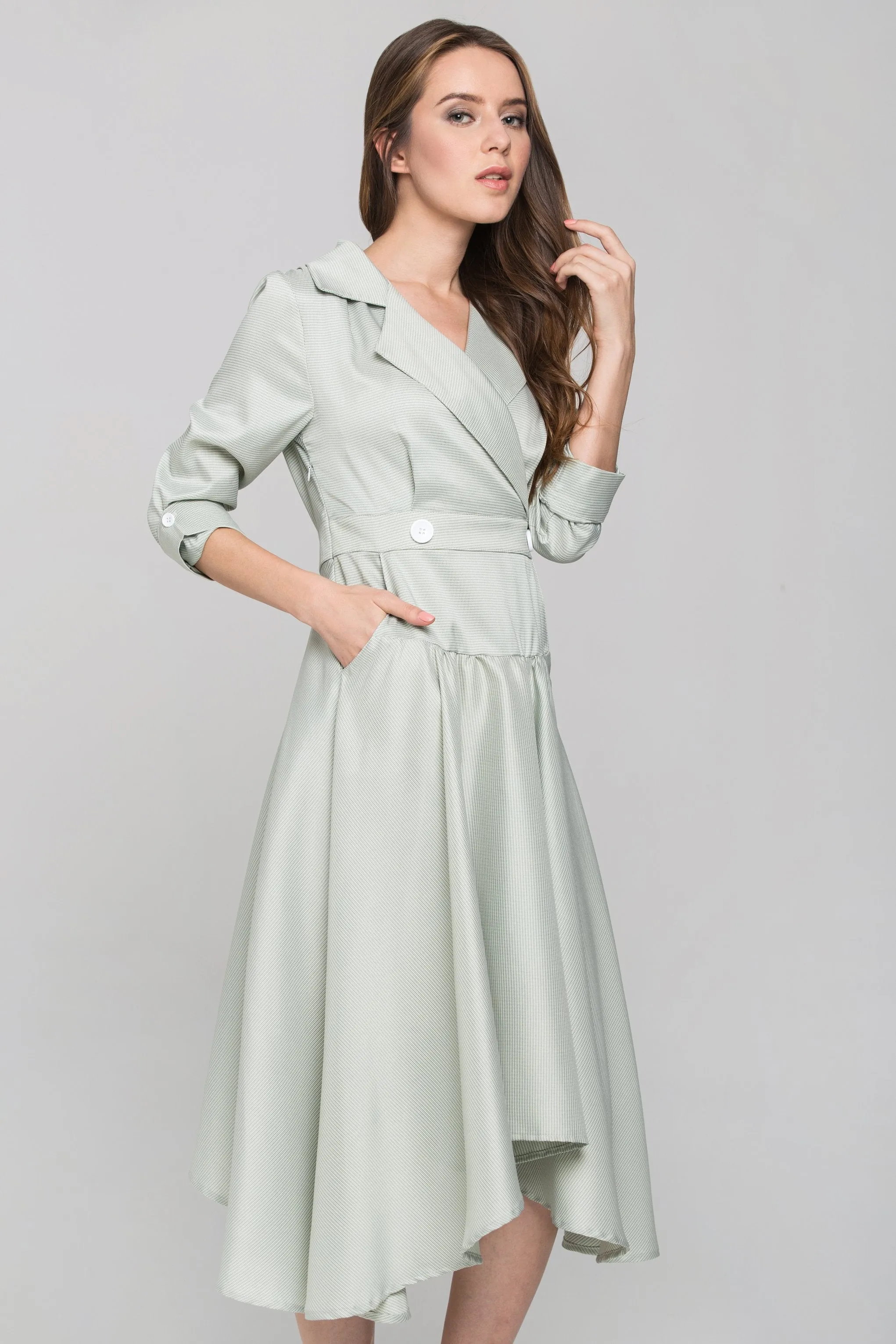 Green Check Collared Drop Waist Midi Dress