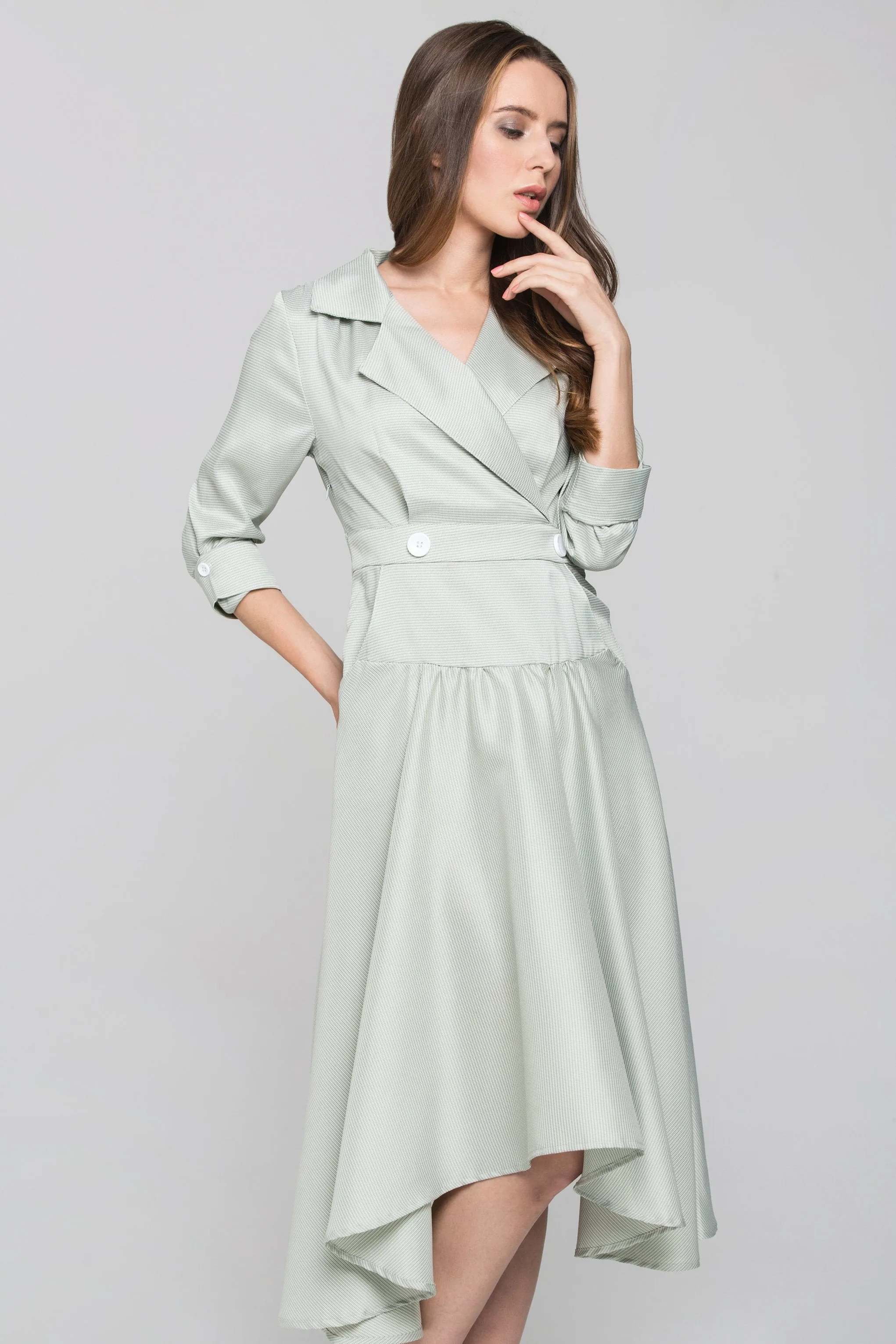 Green Check Collared Drop Waist Midi Dress