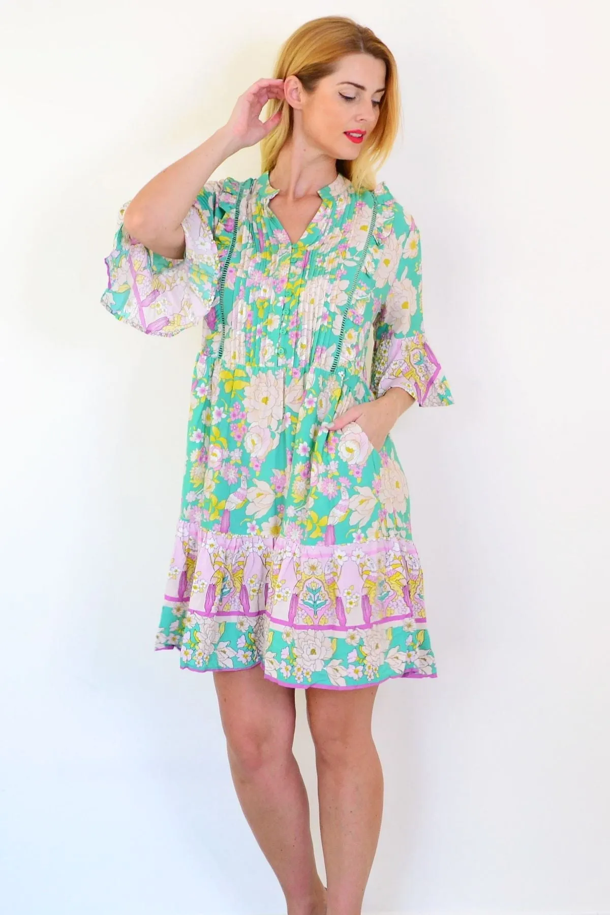 Green Floral Print Bohemian Dress