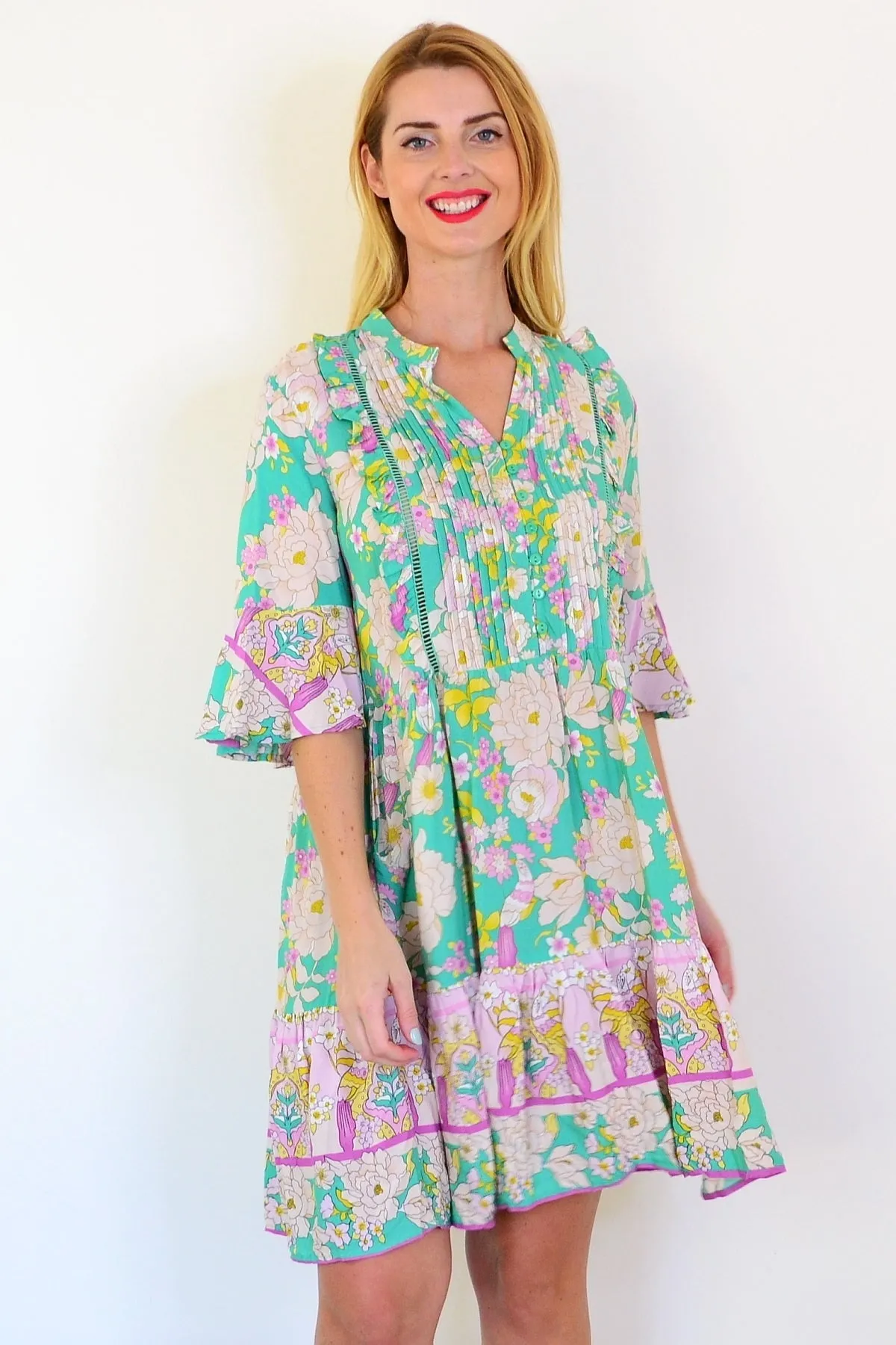 Green Floral Print Bohemian Dress