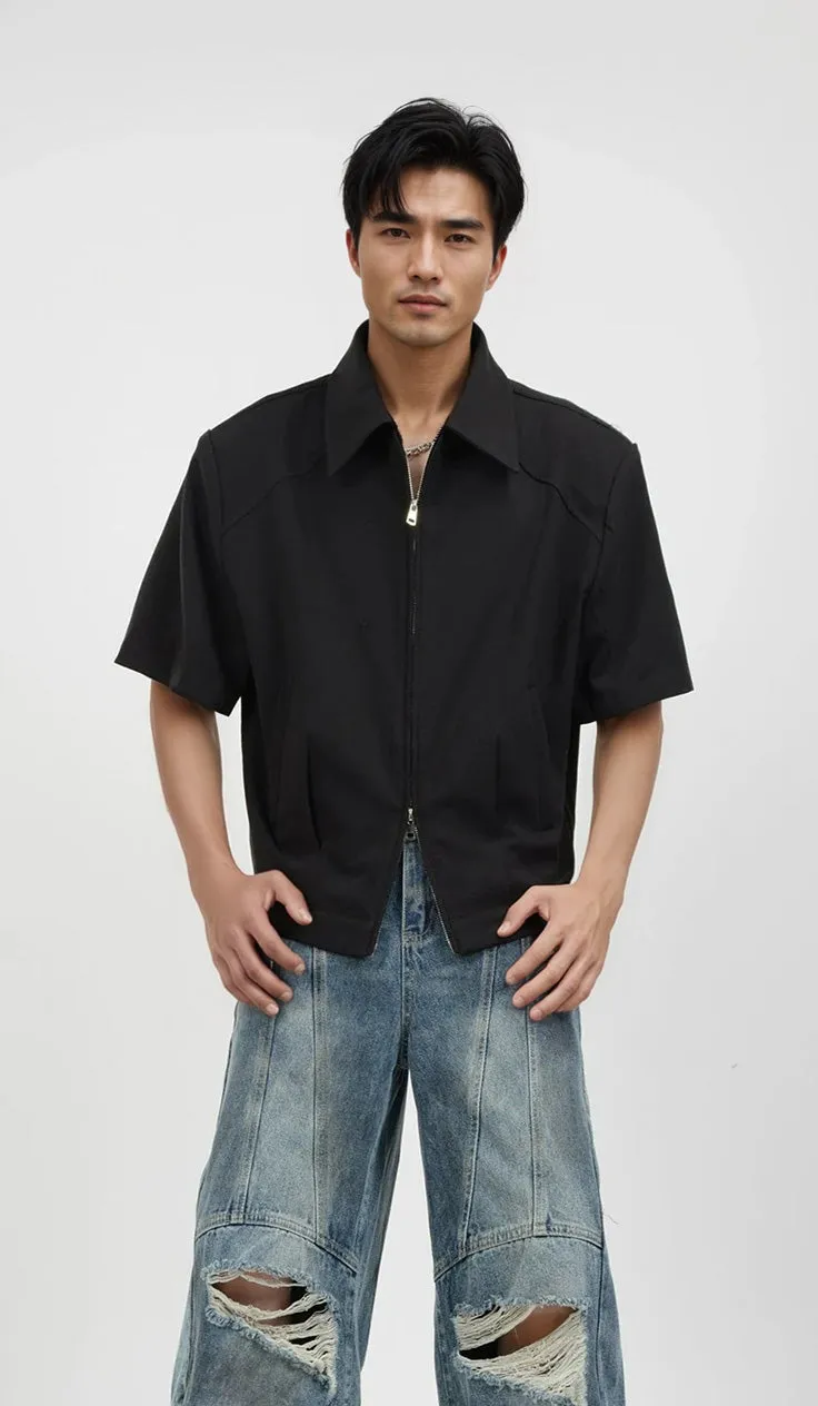 Half Sleeve Zip-Front Collared Shirt