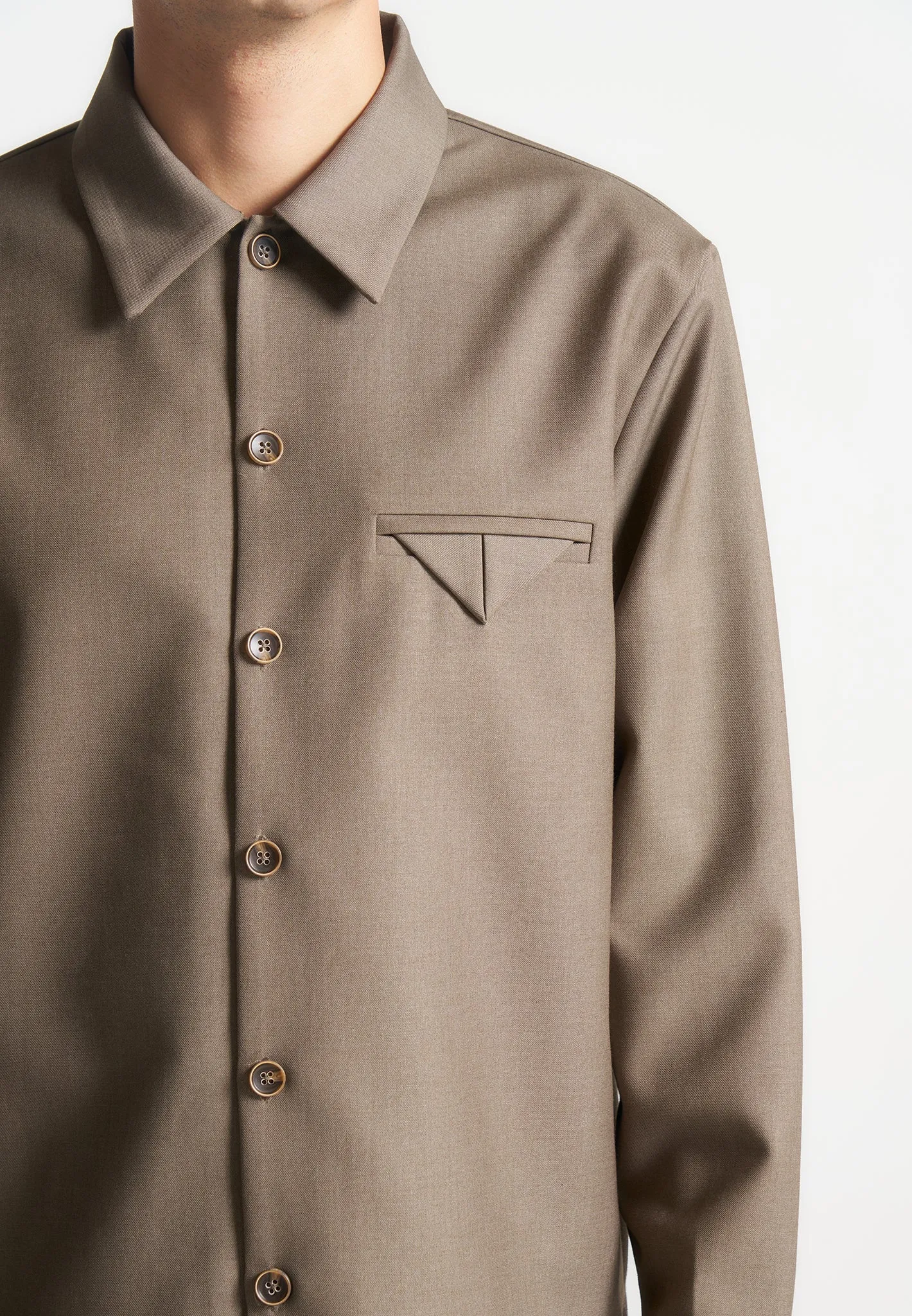 Hatched Tailored Long Sleeve Overshirt - Khaki