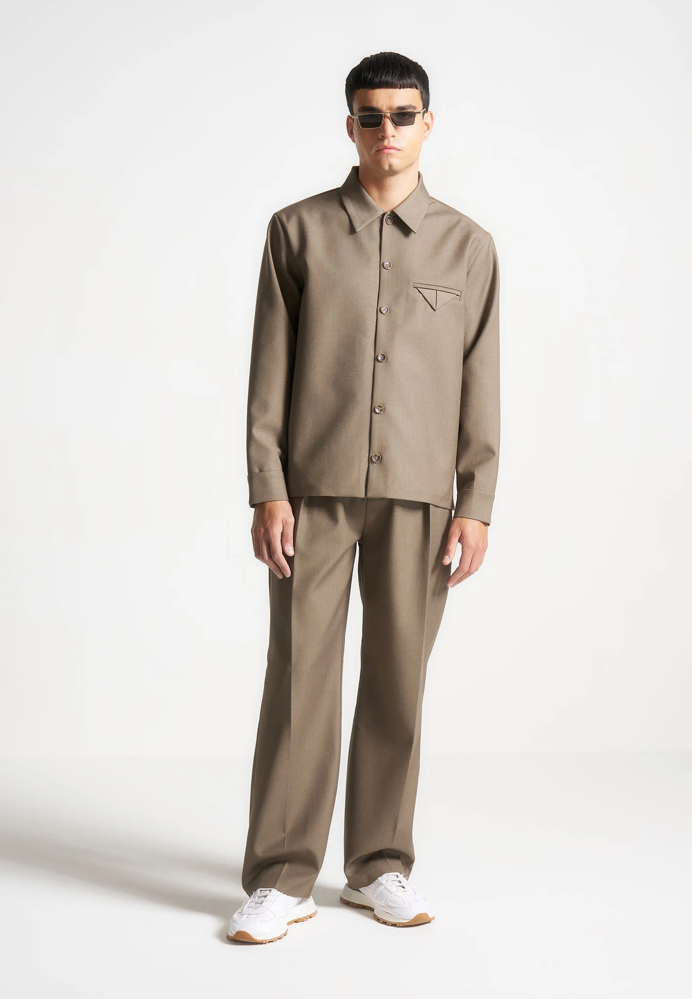 Hatched Tailored Long Sleeve Overshirt - Khaki