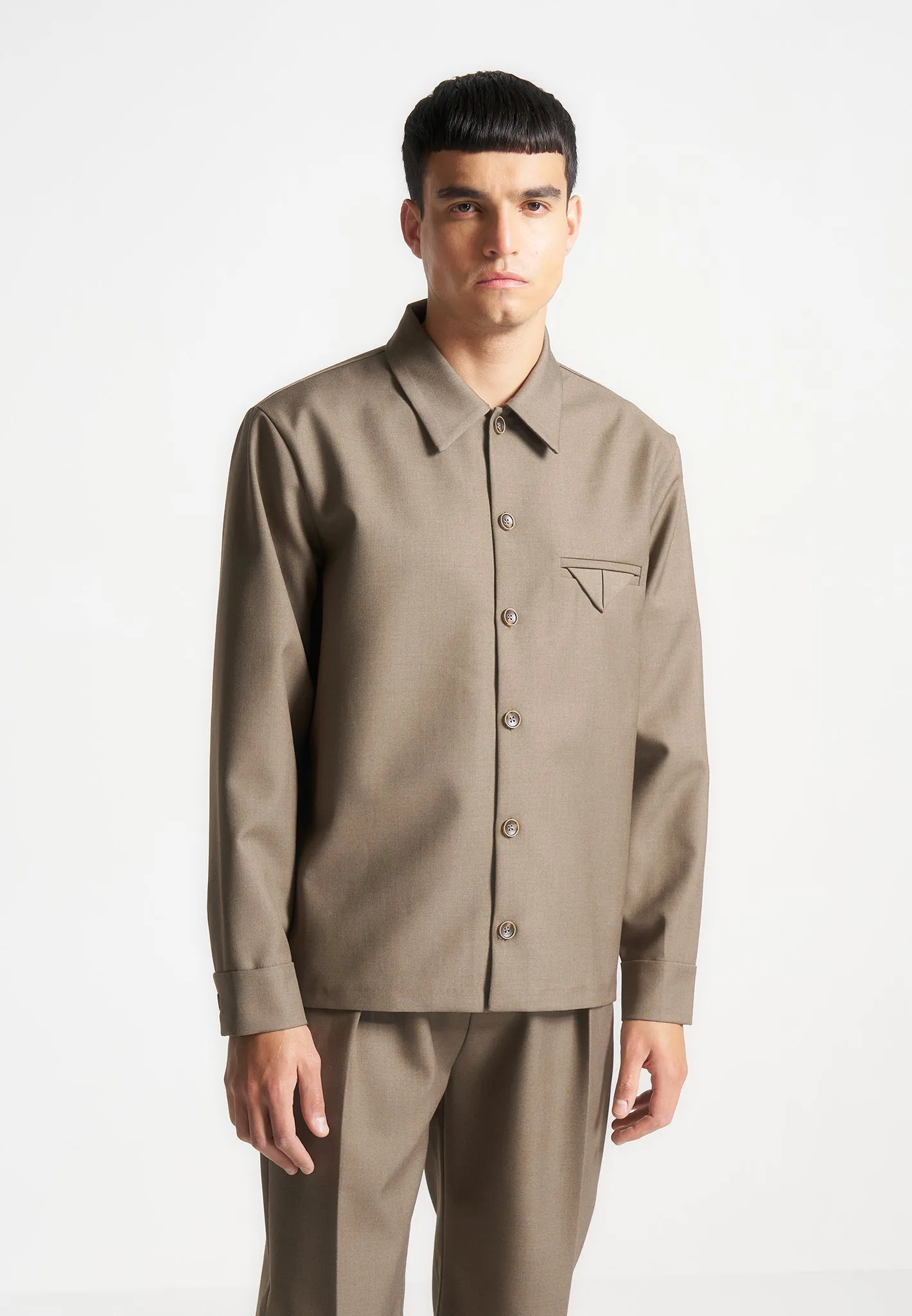 Hatched Tailored Long Sleeve Overshirt - Khaki