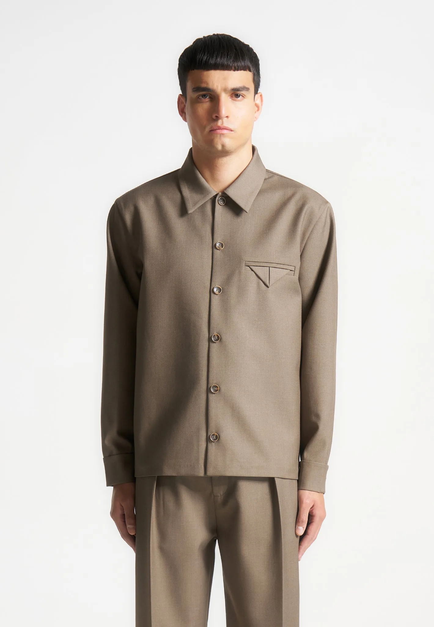 Hatched Tailored Long Sleeve Overshirt - Khaki