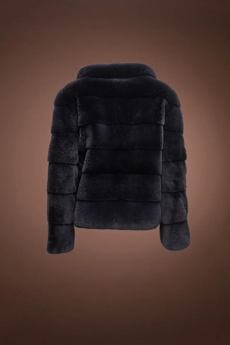 Horizontal Zip - Up Navy Blue Plucked Mink Fur Jacket