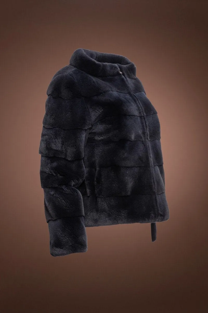 Horizontal Zip - Up Navy Blue Plucked Mink Fur Jacket