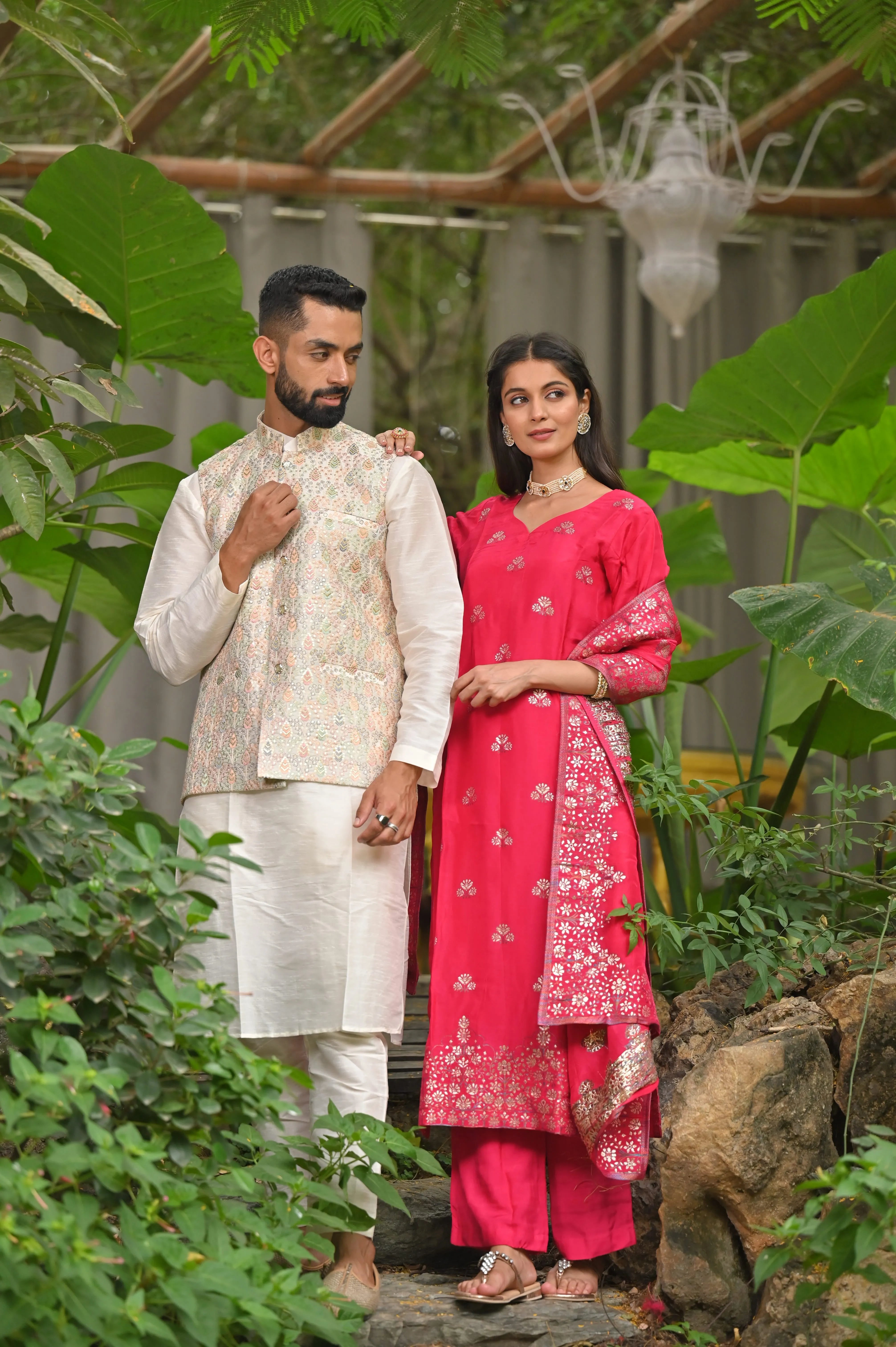 Ivory Magenta Silk Couple Outfit