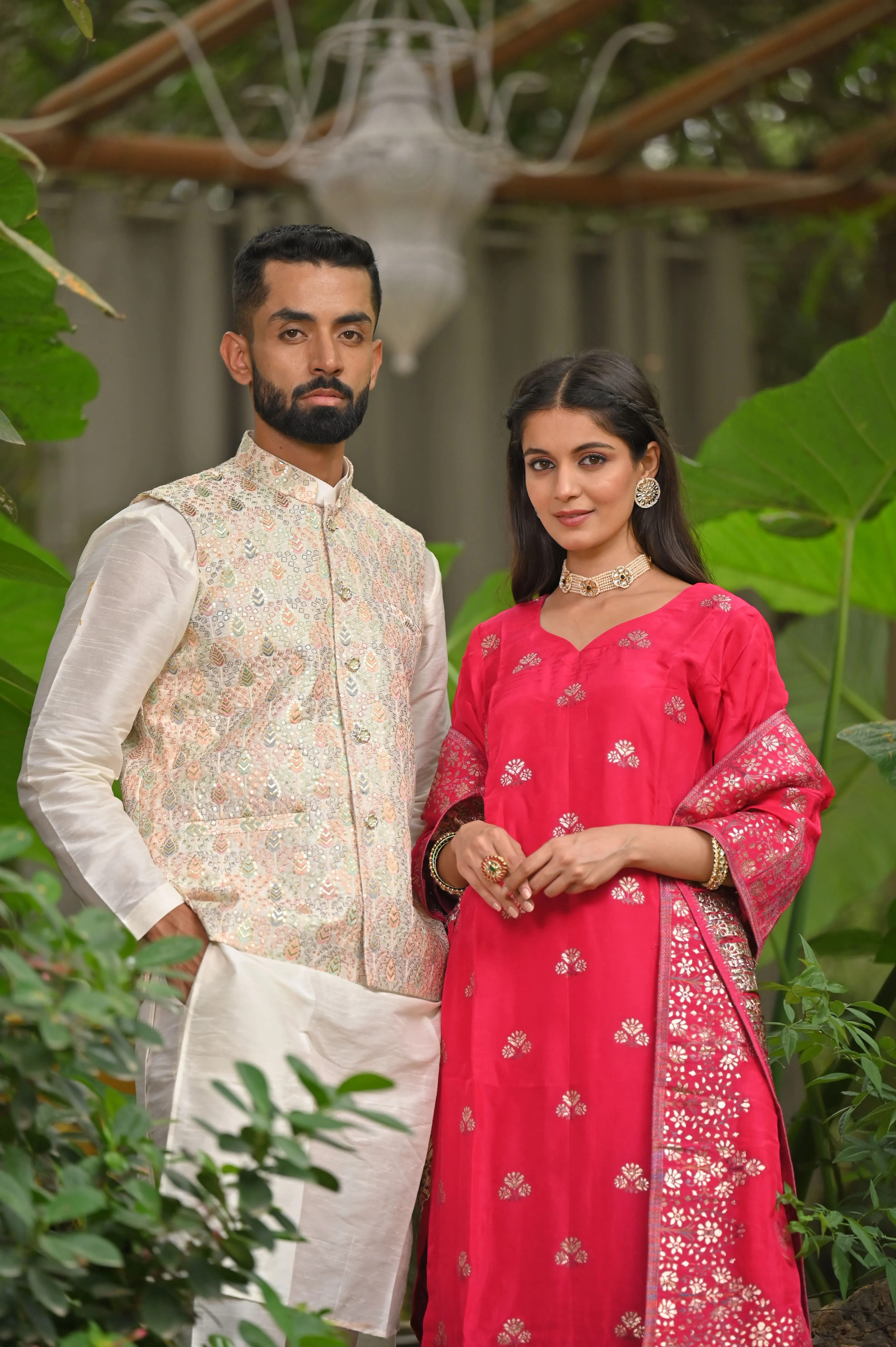 Ivory Magenta Silk Couple Outfit