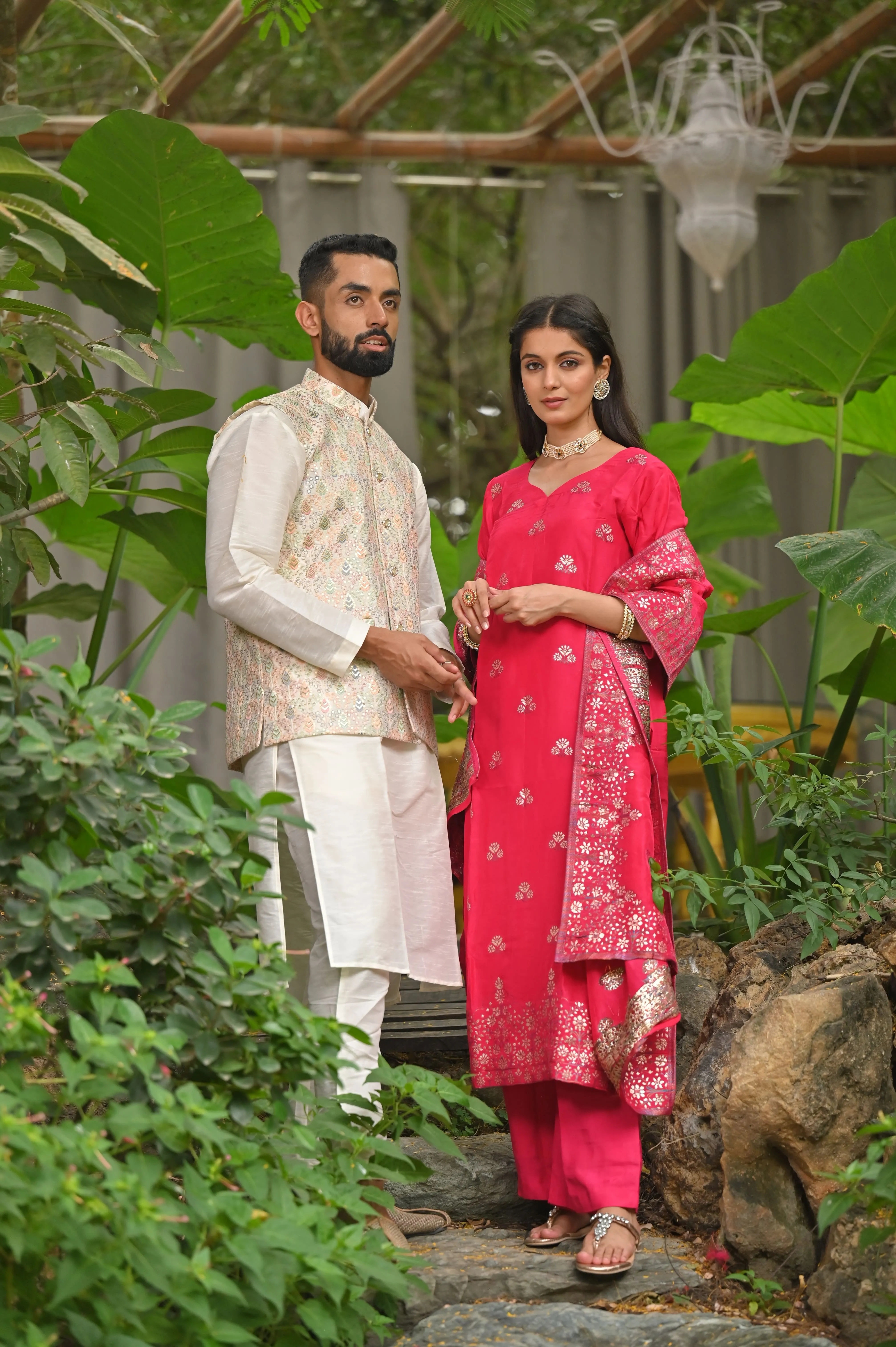 Ivory Magenta Silk Couple Outfit