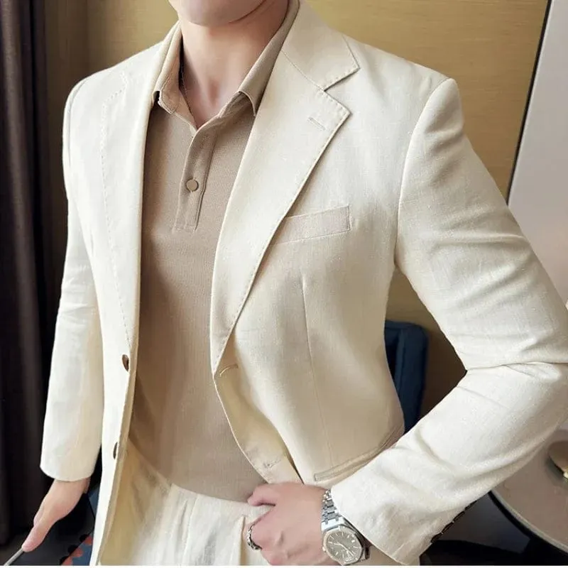 (Jacket & Pants) Men's 2-Piece Linen Suit: Italian Light, Breathable, Trendy Jacket with Double Slit Back