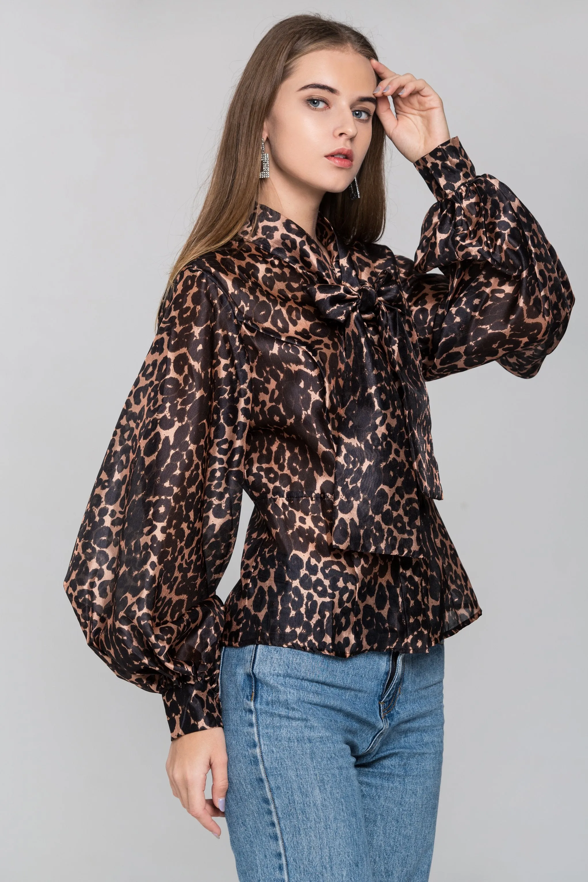 Leopard Print Tie Neck Sleeved Top