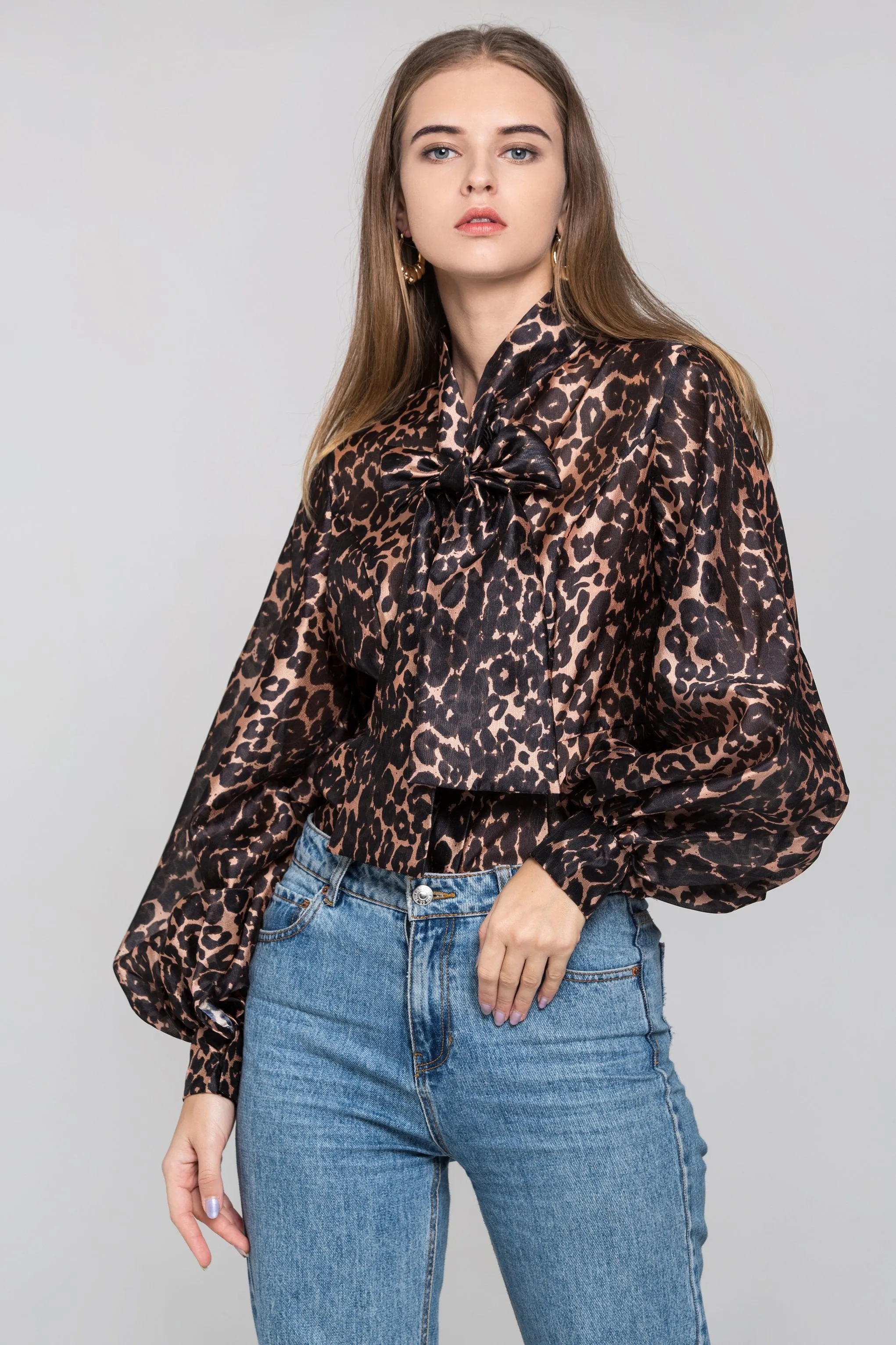 Leopard Print Tie Neck Sleeved Top