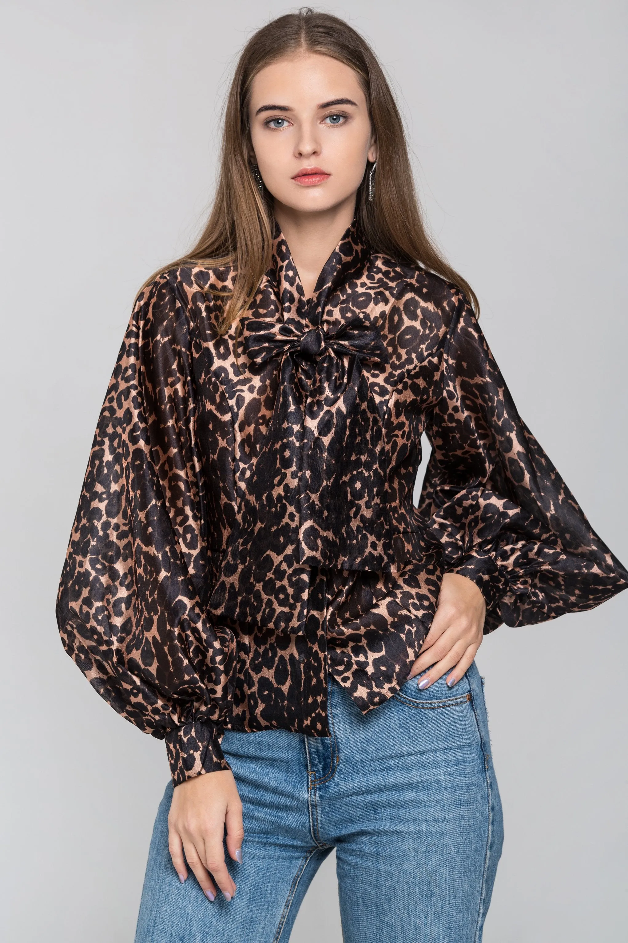 Leopard Print Tie Neck Sleeved Top