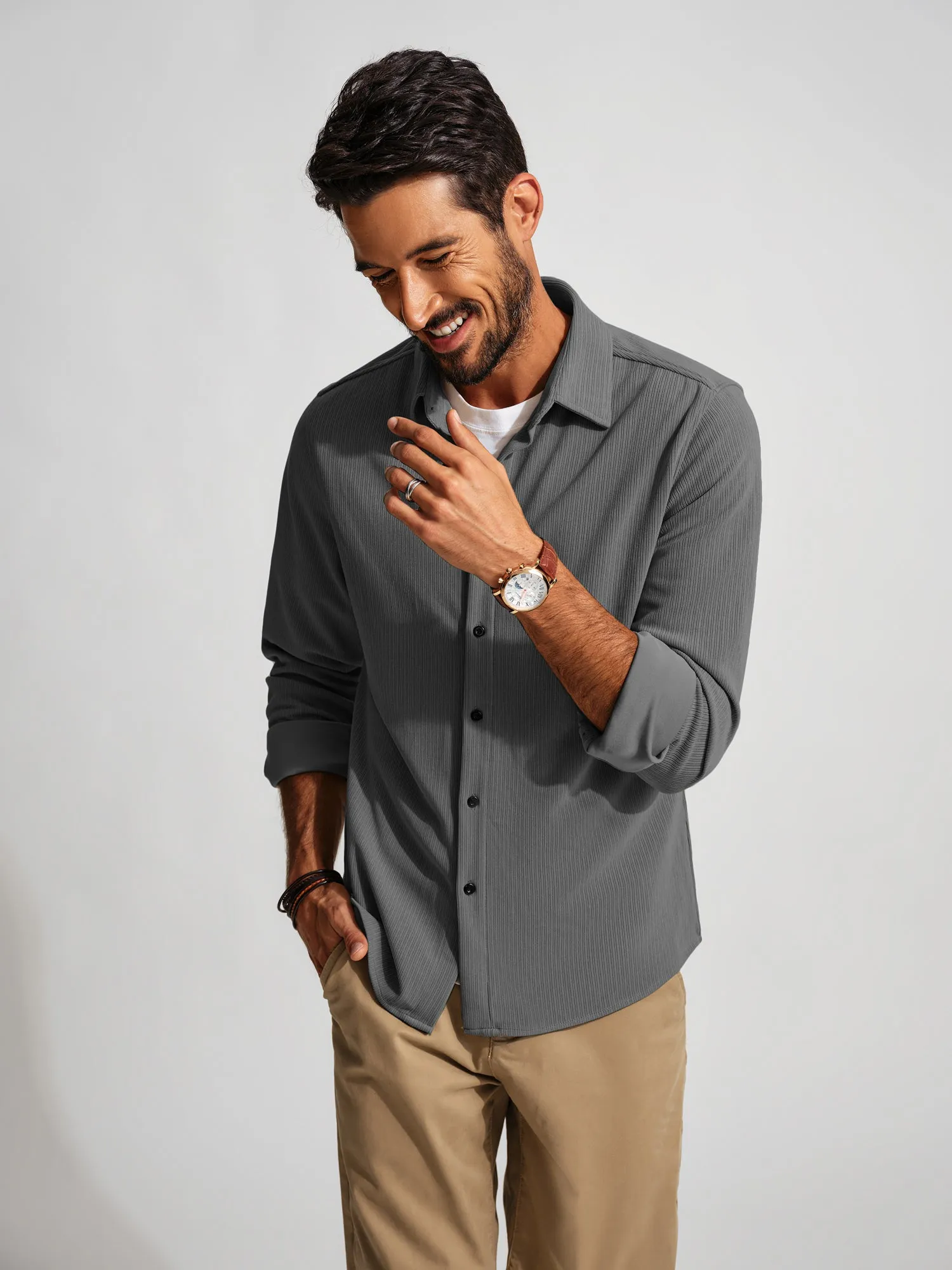 Men Curved Hem Shirt Casual Long Sleeve Lapel Collar Button-up Tops