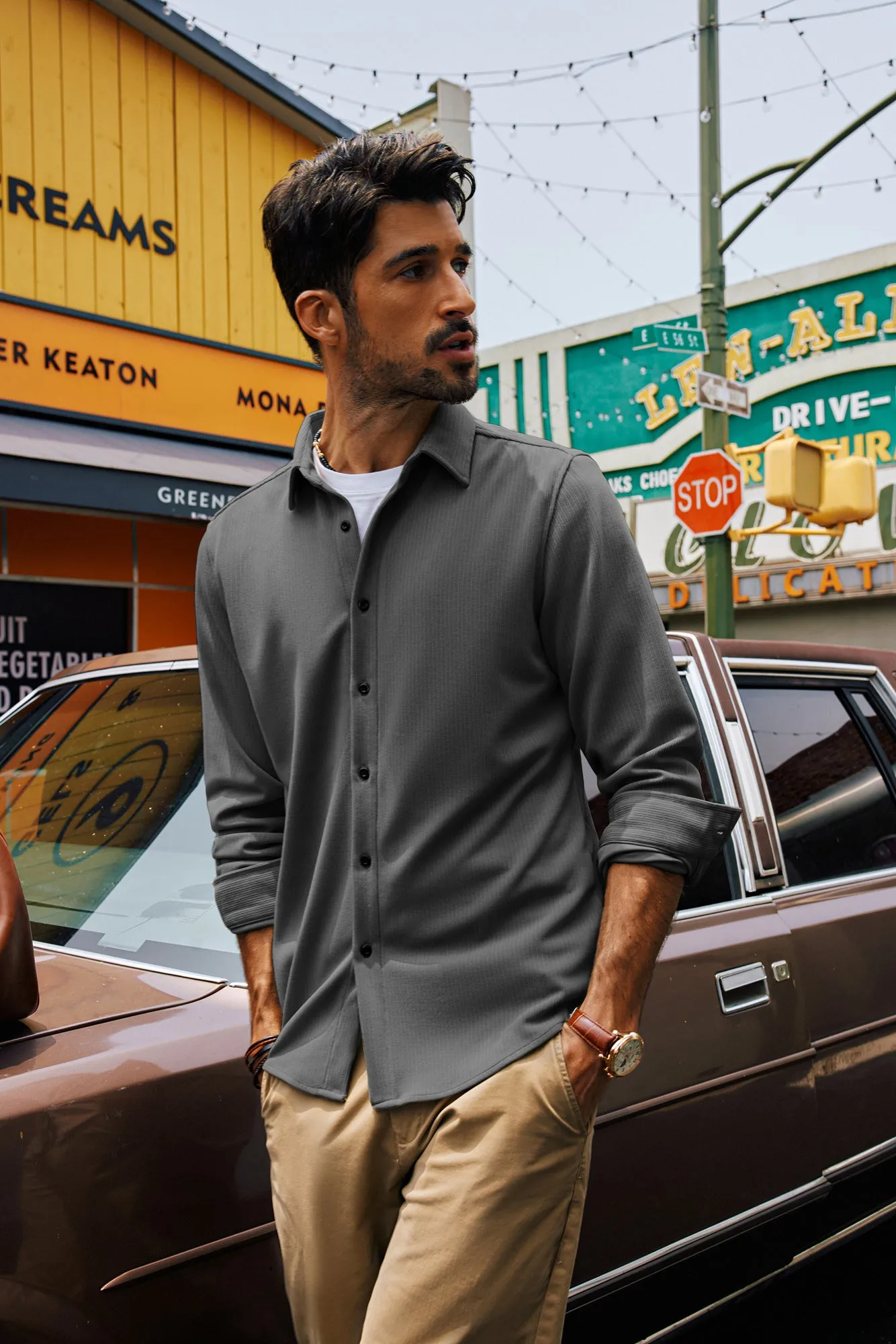 Men Curved Hem Shirt Casual Long Sleeve Lapel Collar Button-up Tops