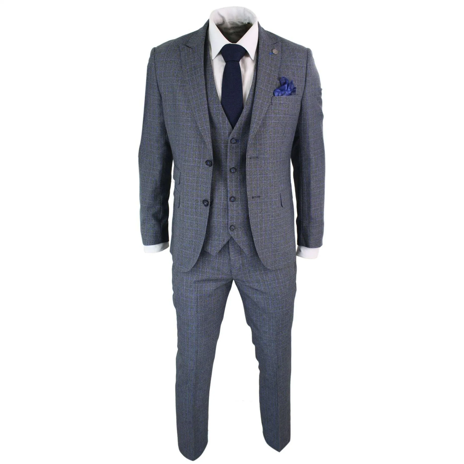 Mens 3 Piece Tailored Fit Prince Of Wales Check Grey Blue Tweed Suit Vintage Retro