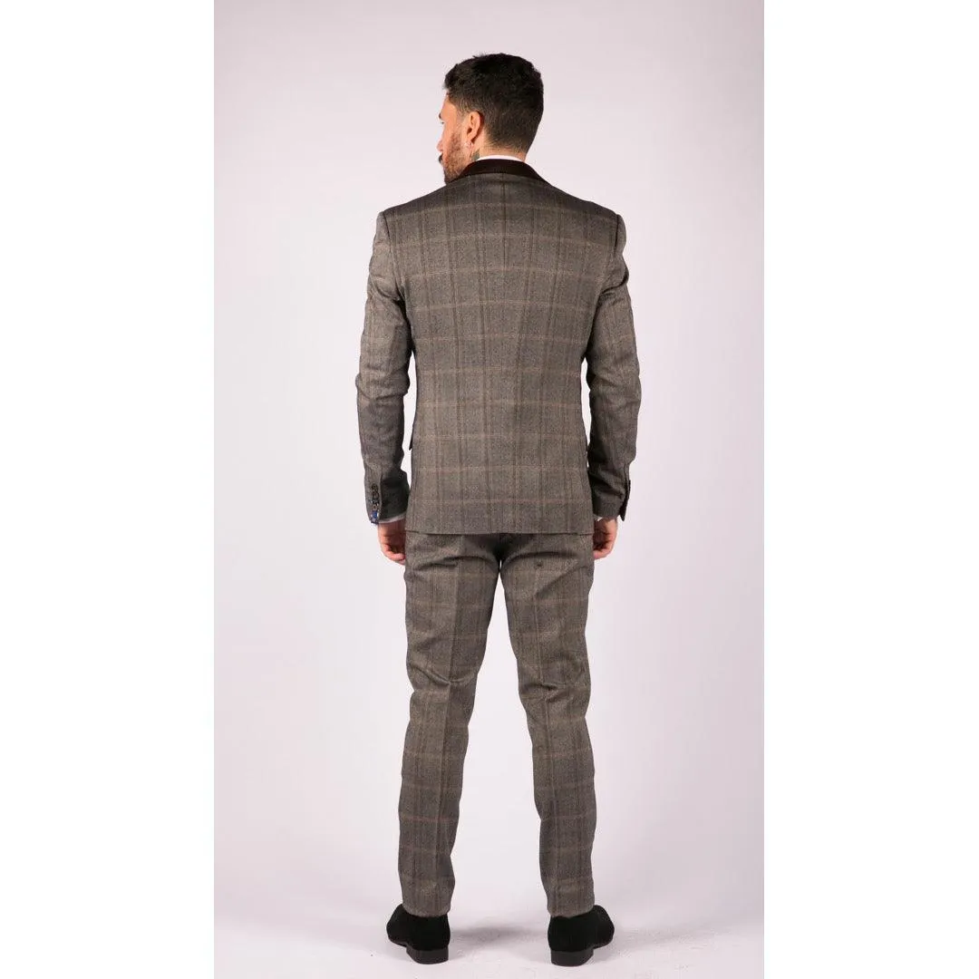 Mens Check Tweed Wool 3 Piece Tan Brown Beige Suit Vintage Retro Tailored Fit