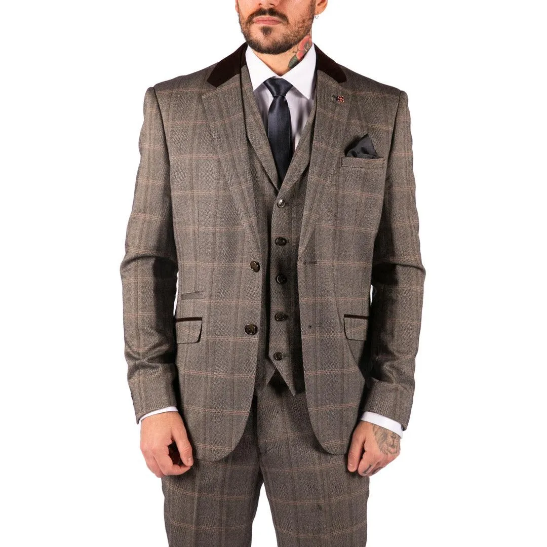 Mens Check Tweed Wool 3 Piece Tan Brown Beige Suit Vintage Retro Tailored Fit