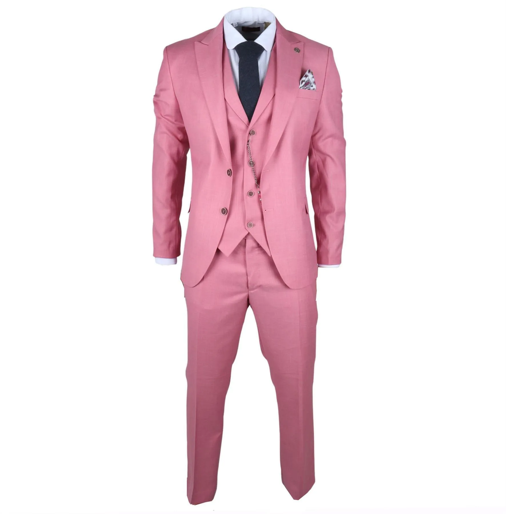 Men's Classic 3 Piece Suit Blush Pink Pocket Chain Wedding Tailored Fit Vintage Formal