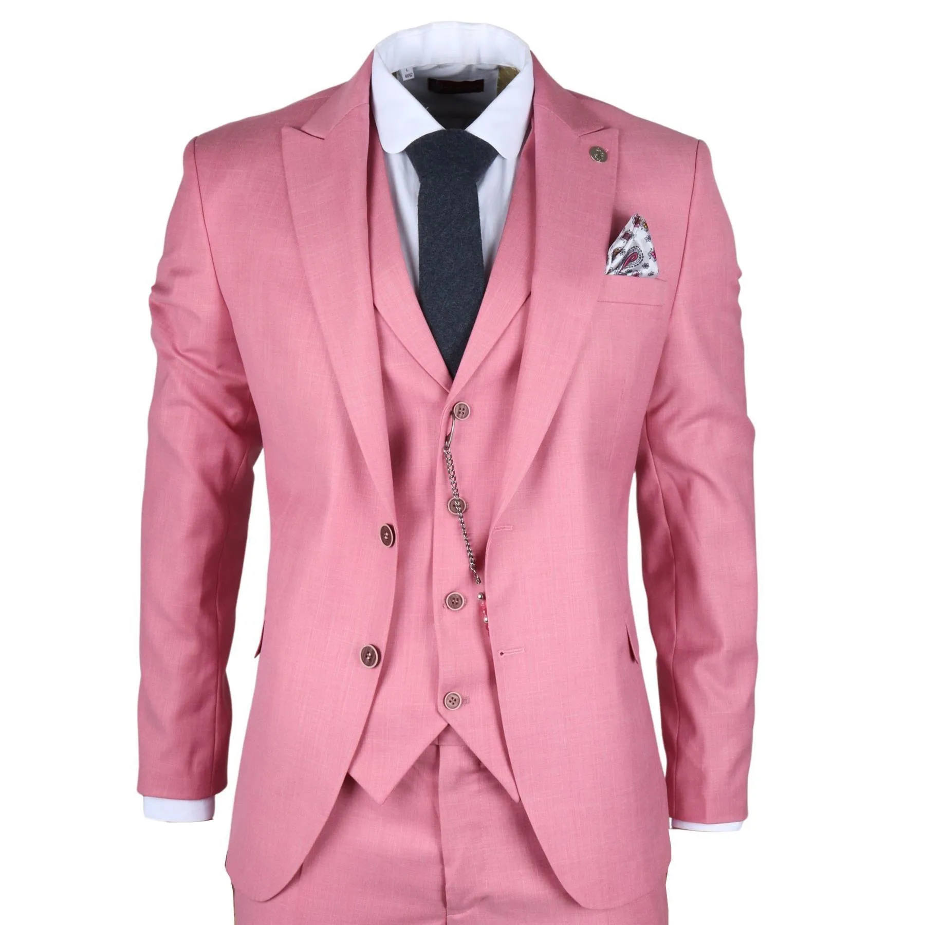 Men's Classic 3 Piece Suit Blush Pink Pocket Chain Wedding Tailored Fit Vintage Formal