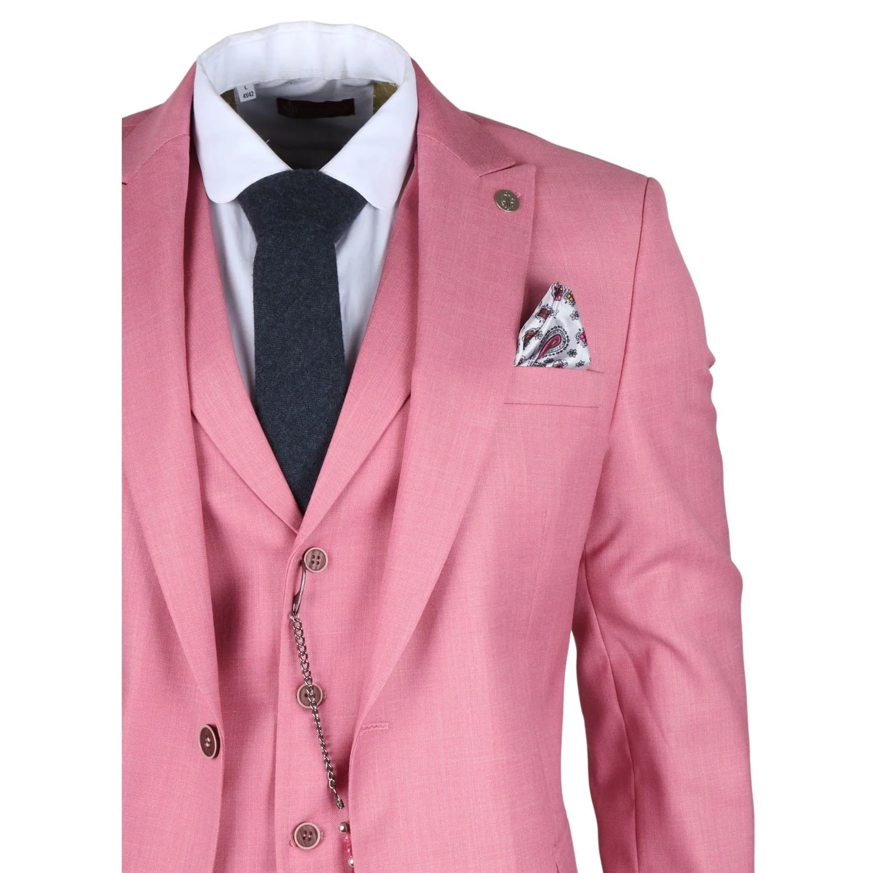 Men's Classic 3 Piece Suit Blush Pink Pocket Chain Wedding Tailored Fit Vintage Formal