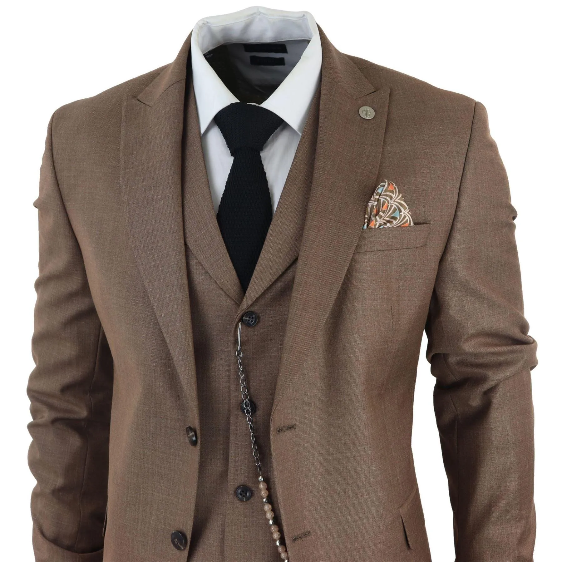 Mens Classic 3 Piece Suit Brown Pocket Chain Wedding Tailored Fit Vintage Formal