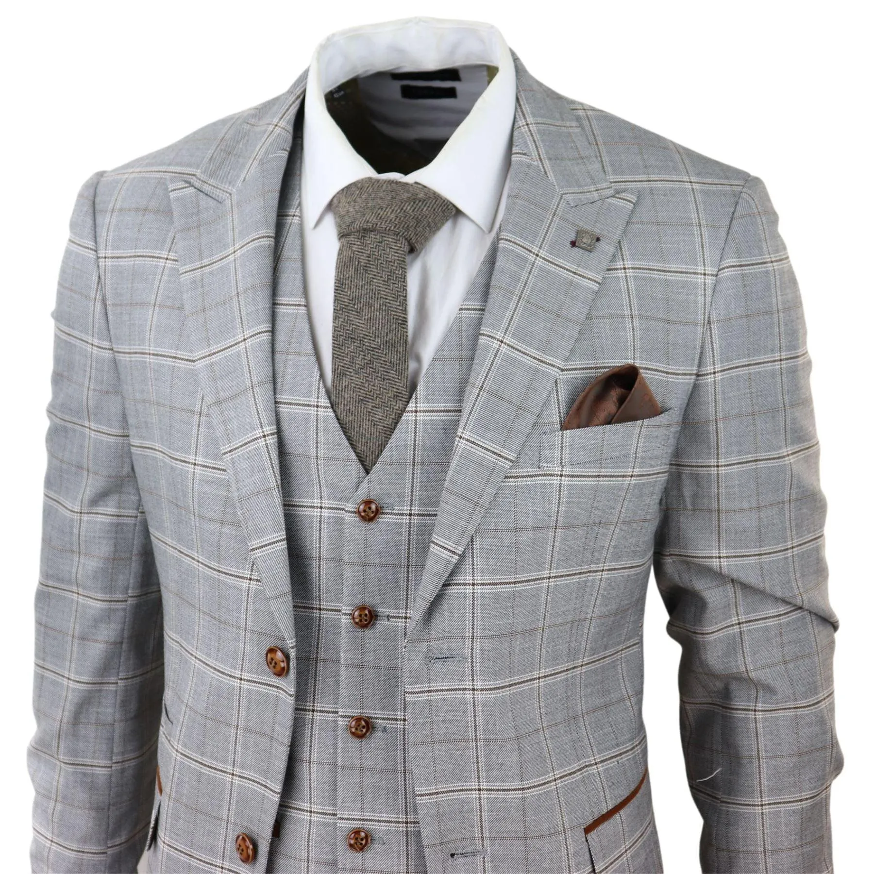 Mens Grey 3 Piece Suit Tan Brown Check Velvet Trims Wedding Tailored Fit Vintage