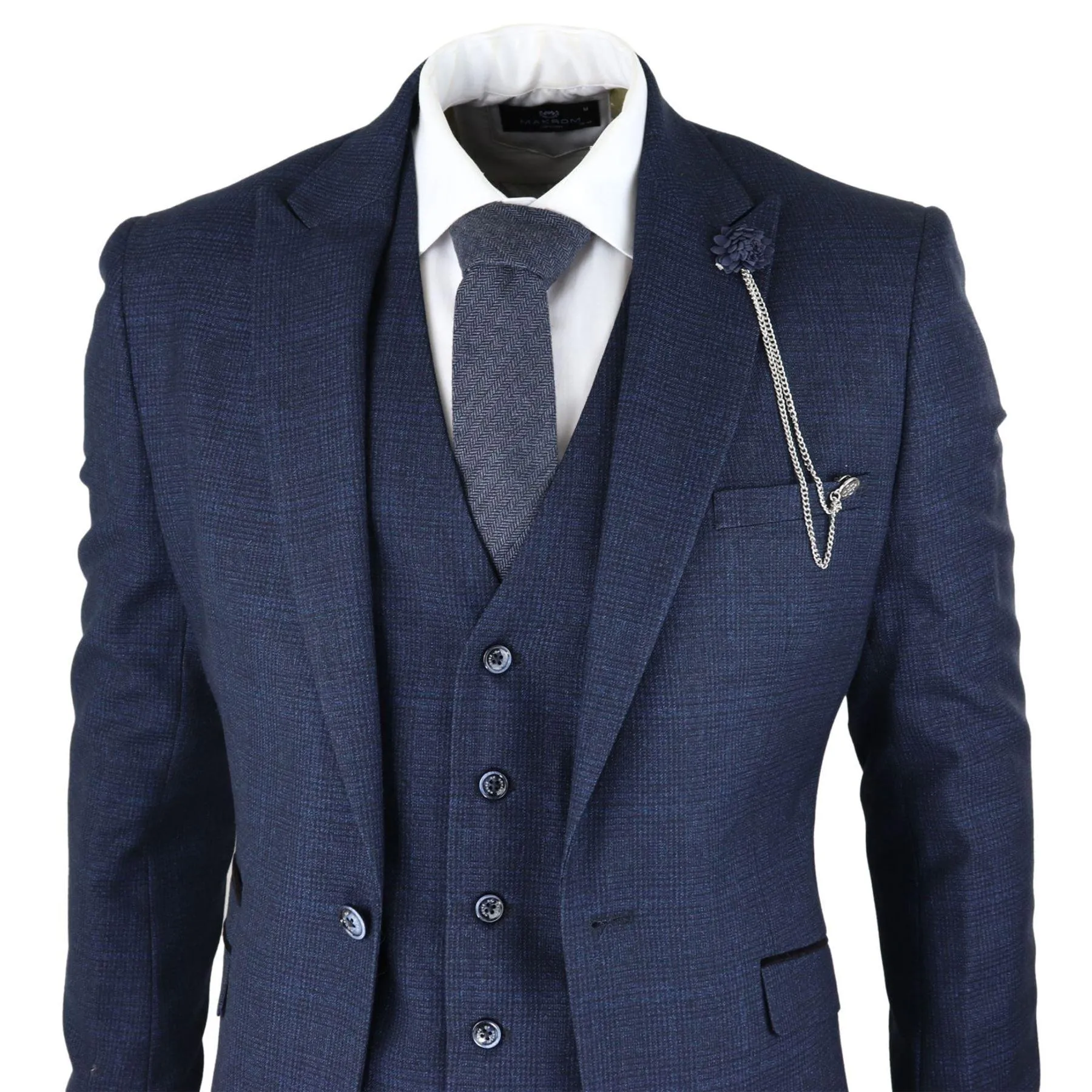 Mens Herringbone Tweed Navy Blue Check 3 Piece Vintage Suit Tan