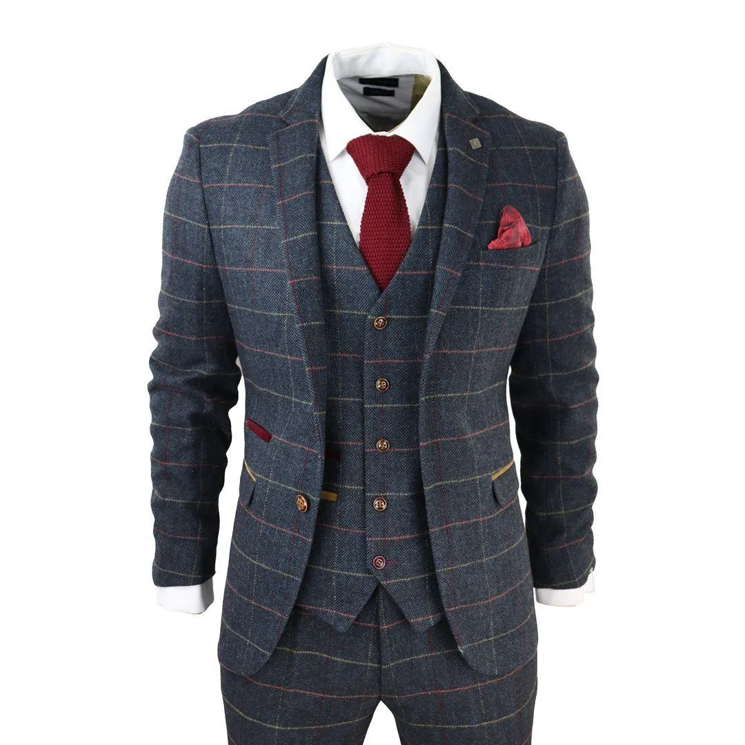 Mens Navy Blue 3 Piece Suit Herringbone Tweed Checked Formal Dress Suits