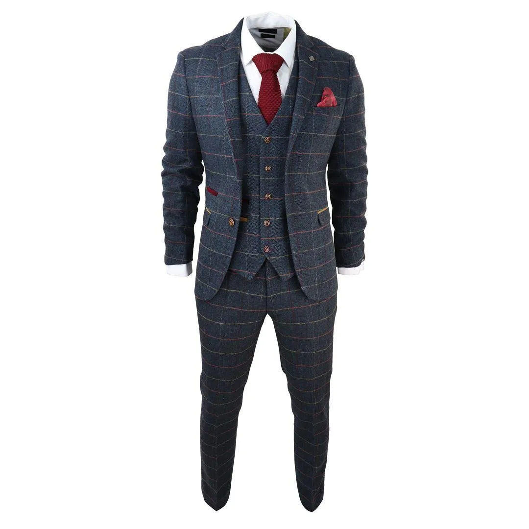 Mens Navy Blue 3 Piece Suit Herringbone Tweed Checked Formal Dress Suits