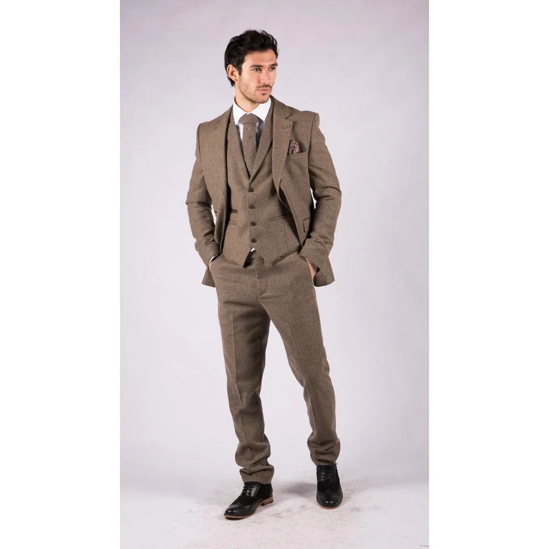 Mens Oak 3 Piece Tweed Suit Herringbone Wool Vintage Retro Fit