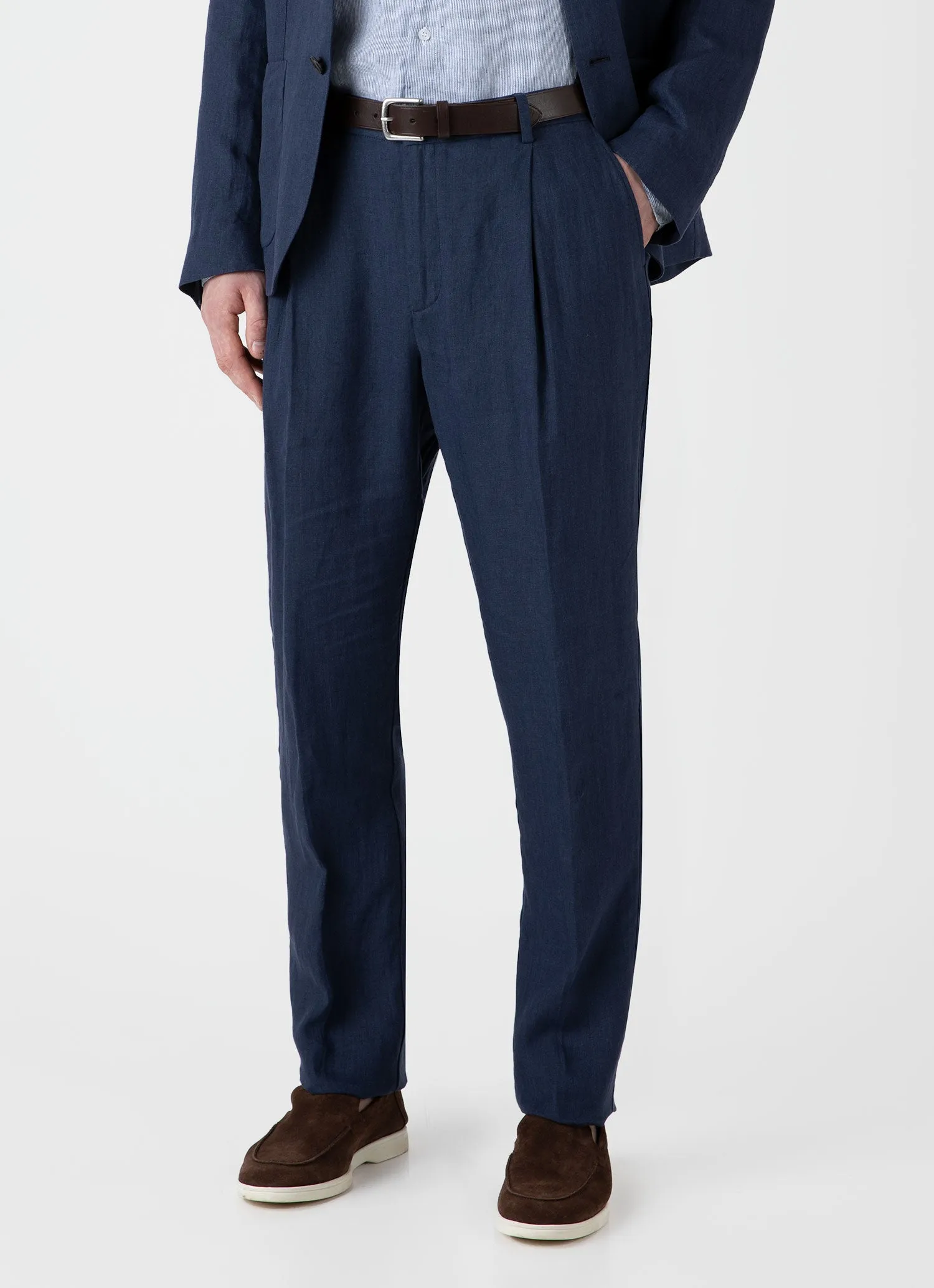 Men's Pleated Linen Trouser in Light Navy