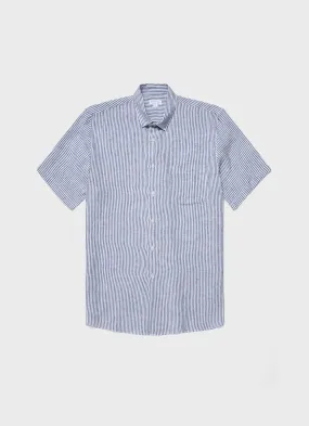 Men's Short Sleeve Linen Shirt in Navy/White Classic Stripe