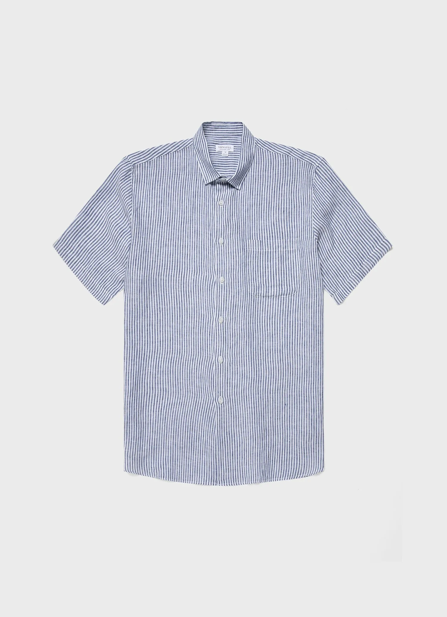 Men's Short Sleeve Linen Shirt in Navy/White Classic Stripe