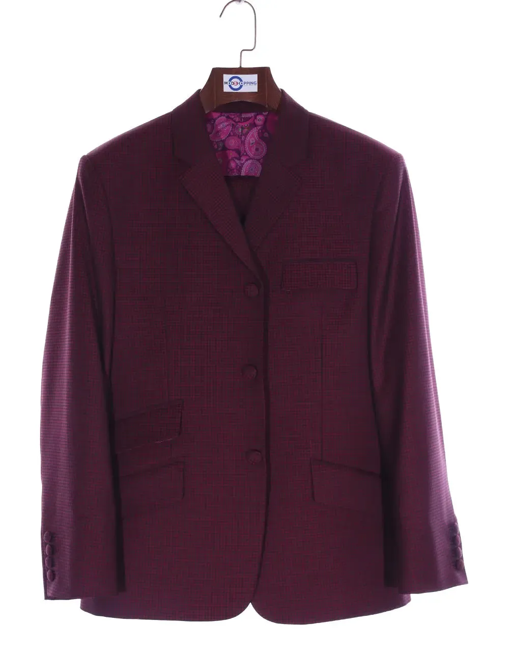 Men's Two Piece Suit - Burgundy Check Suit