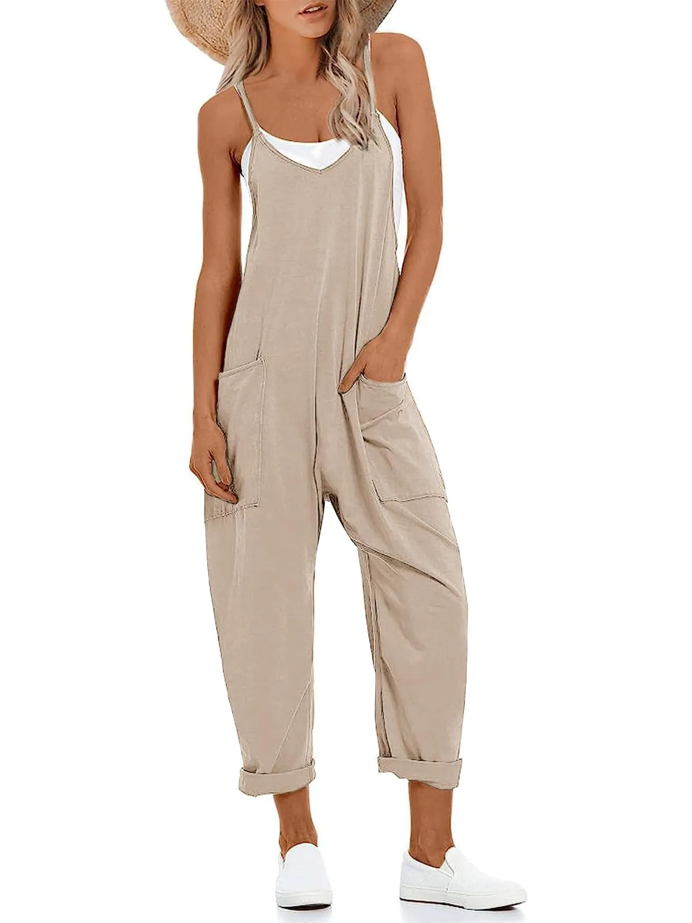 Muchpow Women's V Neck Sleeveless Jumpsuits Spaghetti Straps Harem Long Pants Overalls With Pockets(Khaki,Small)