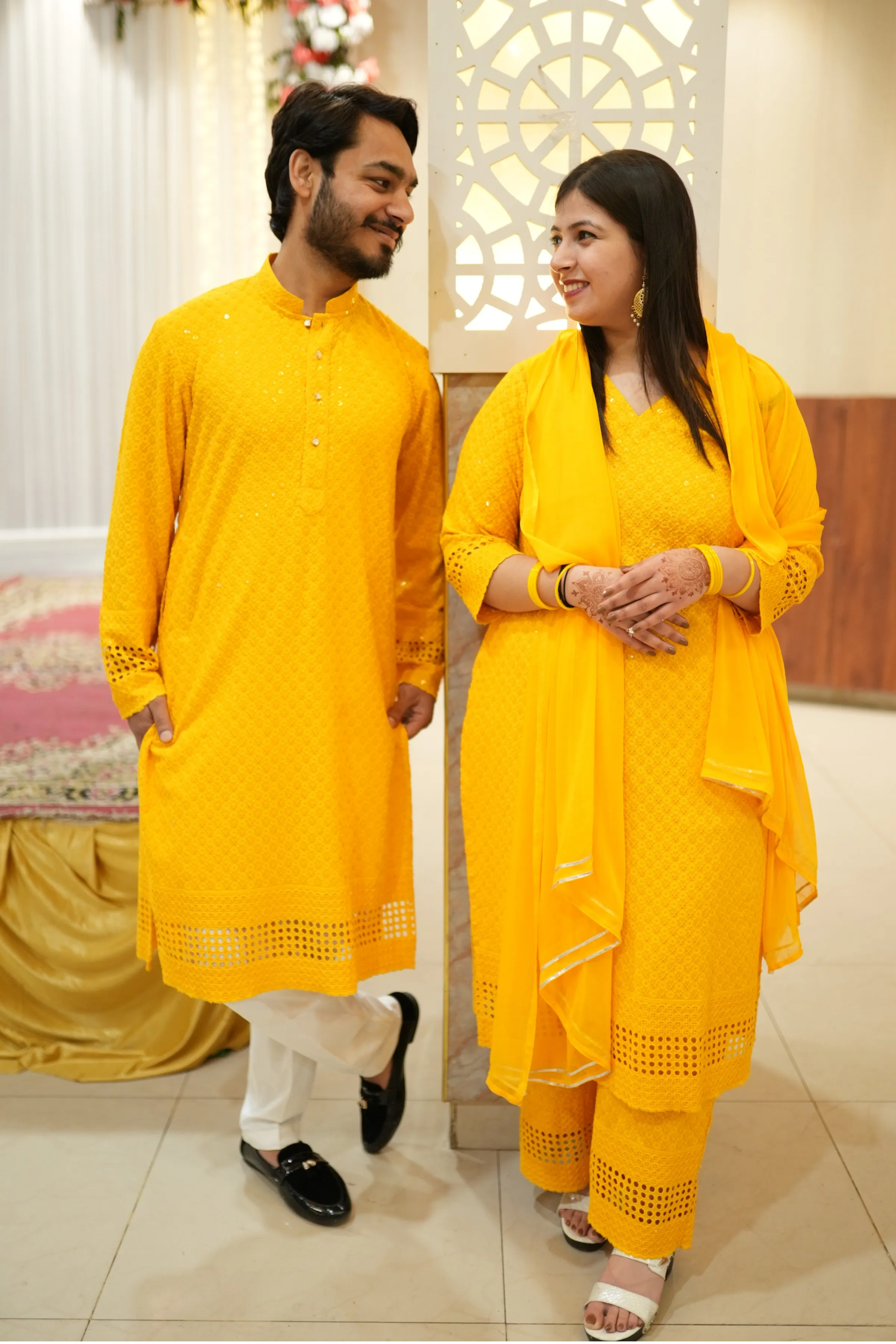 Mustard Gold Sequined Couple Outfit