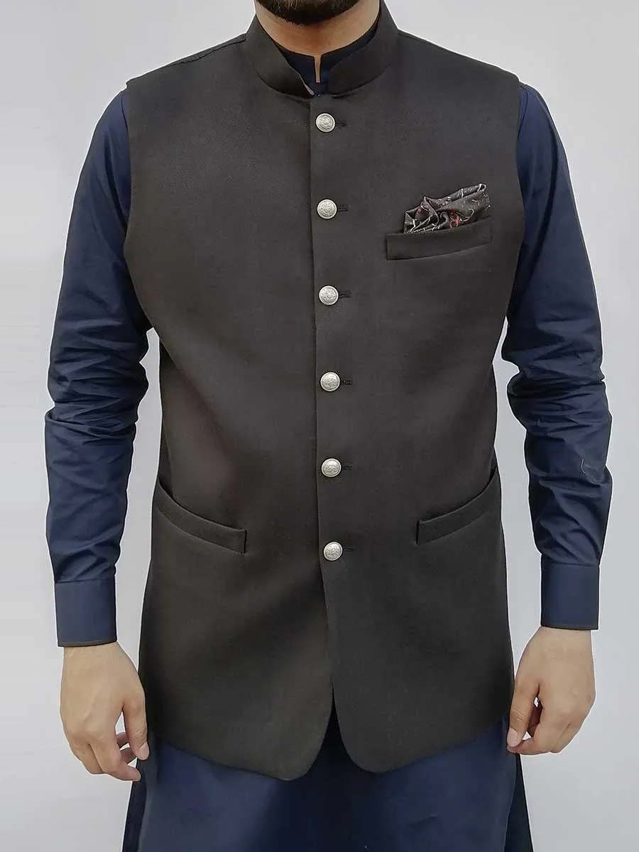 Nabeel & Aqeel Men Waist Coat Black Weaved Silver Dull Button NWCB0085