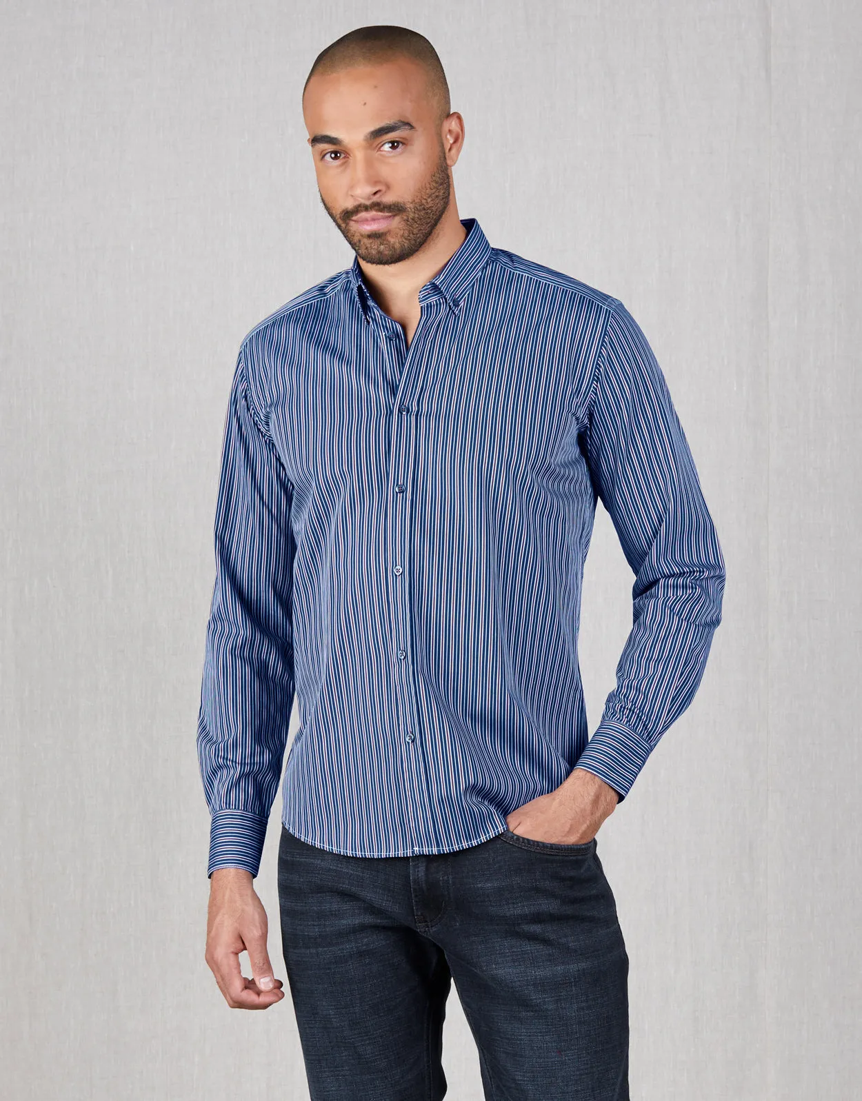 Ohope Navy & Brown Stripe Shirt